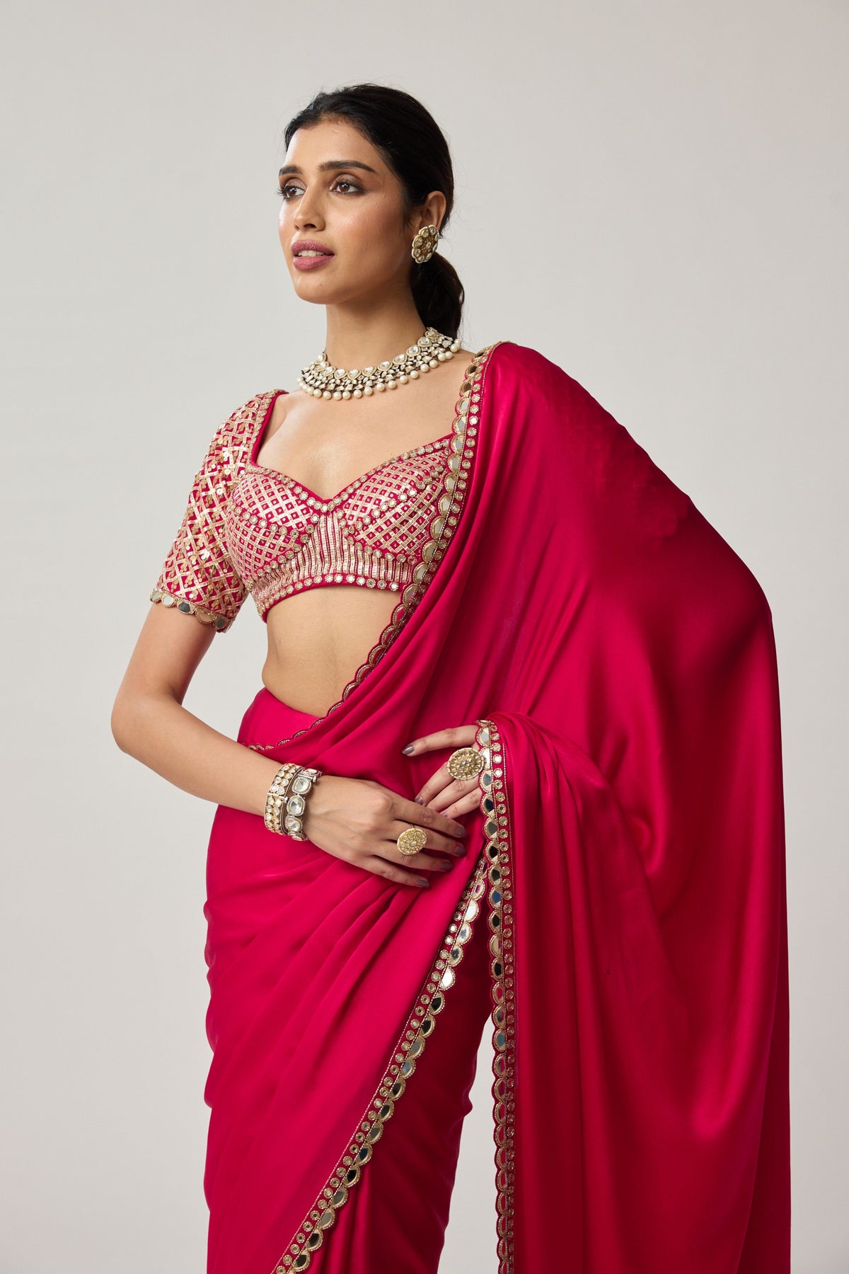 Crimson Red Satin Saree Set