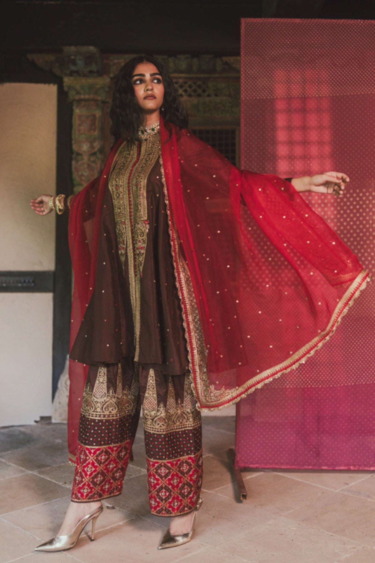 Red Dupatta Half Butta