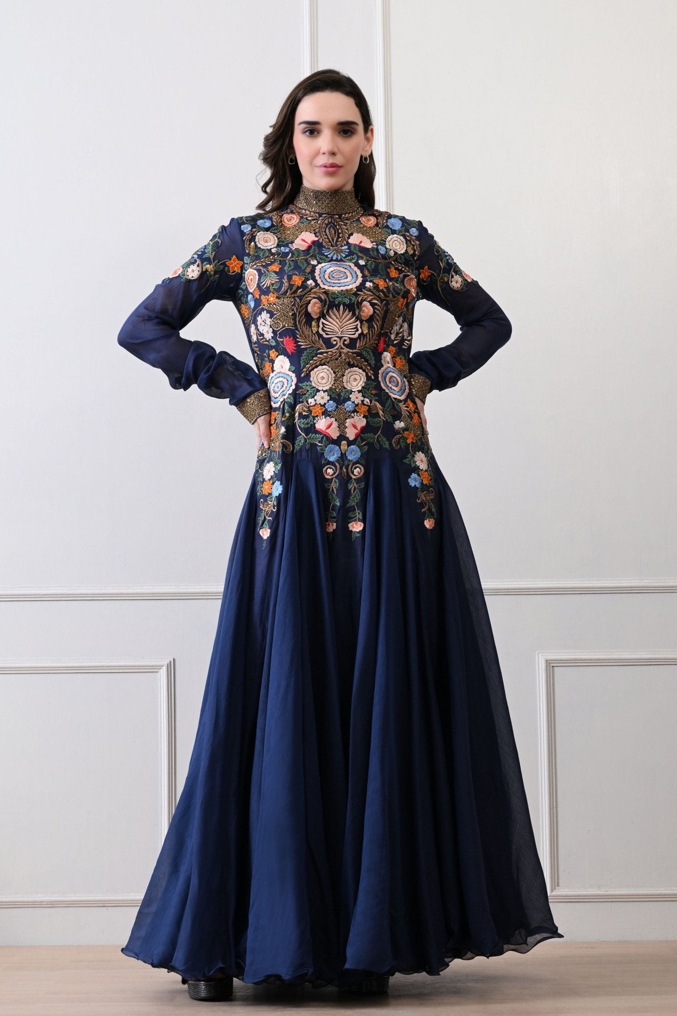 samant chauhan embroidered dress Beige Linen Silk Hand Embroidered Gown Design by Samant Chauhan at Pernia's Pop Up Shop 2026