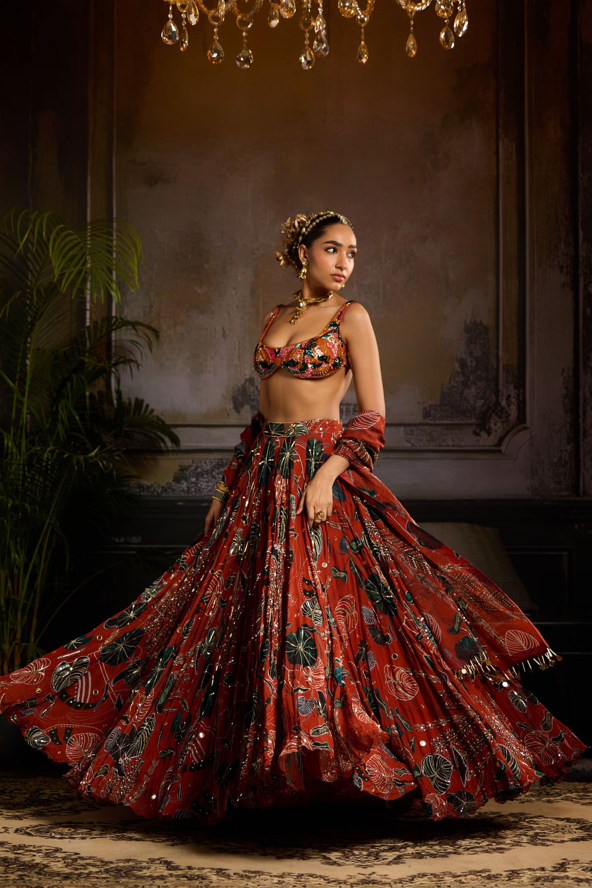 Rust Embellished Lehenga Set