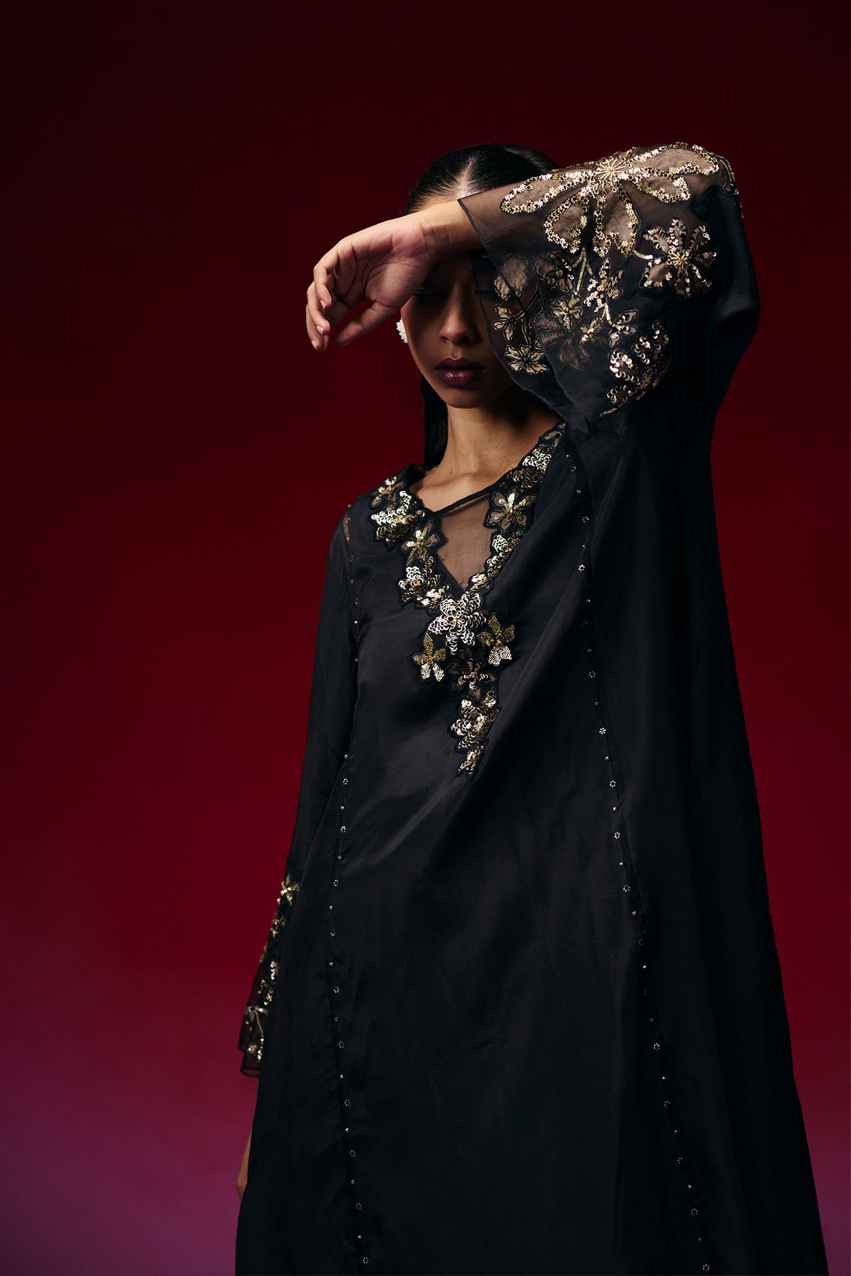 Black Floral Appliqué Kurta Set