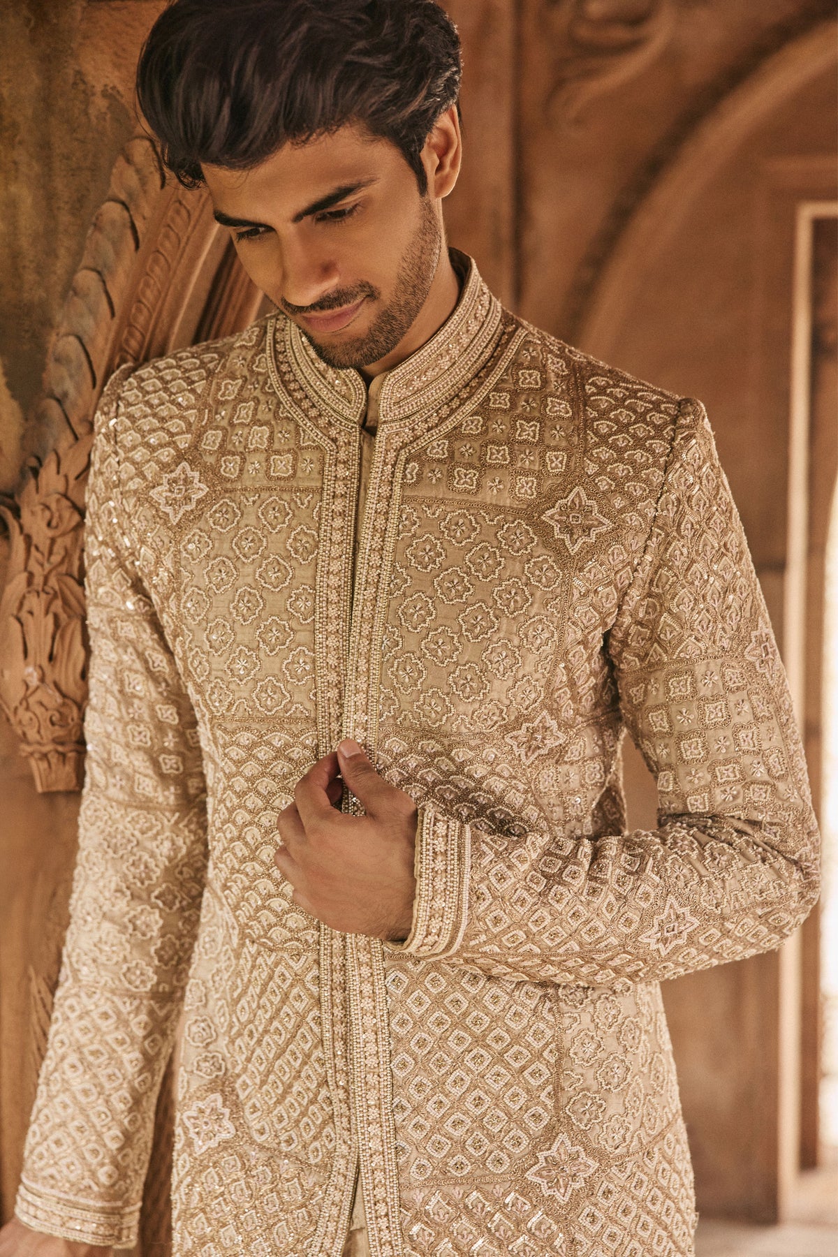 Beige Embroidered Jacket Set