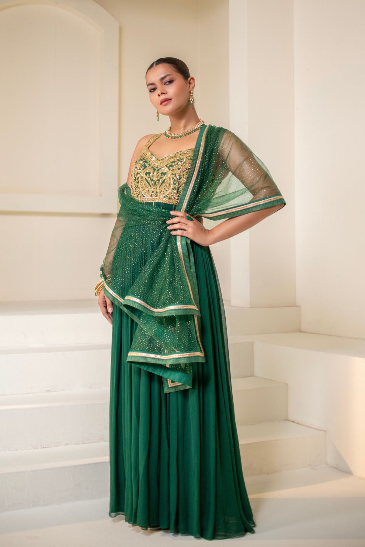 Emerald Green Sleeveless Embellished  Anarkali