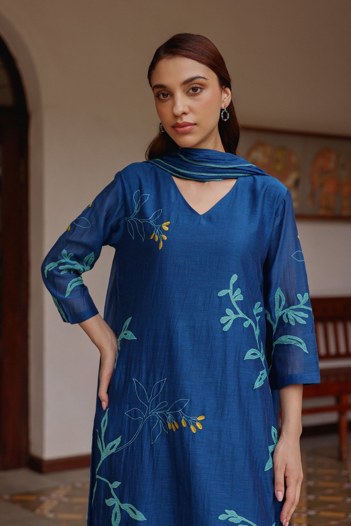 Indigo Bloom Applique Kurta Set