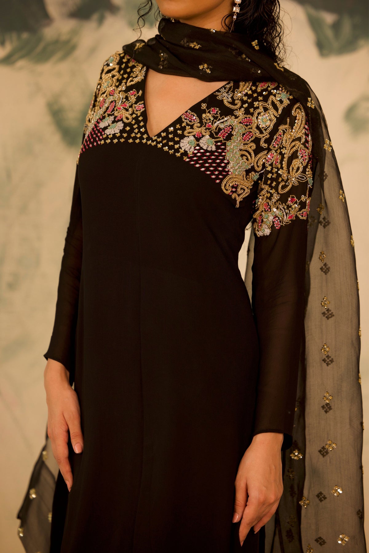 V Neck Black Organza Set