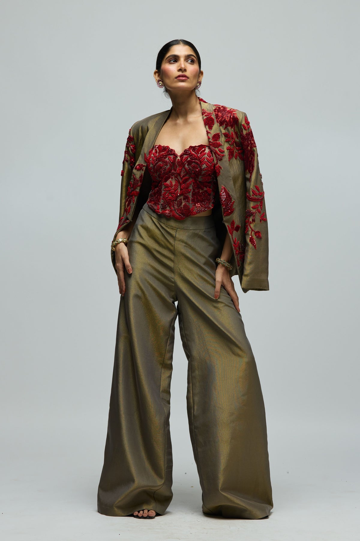Red Stone Embellished Jacket Set
