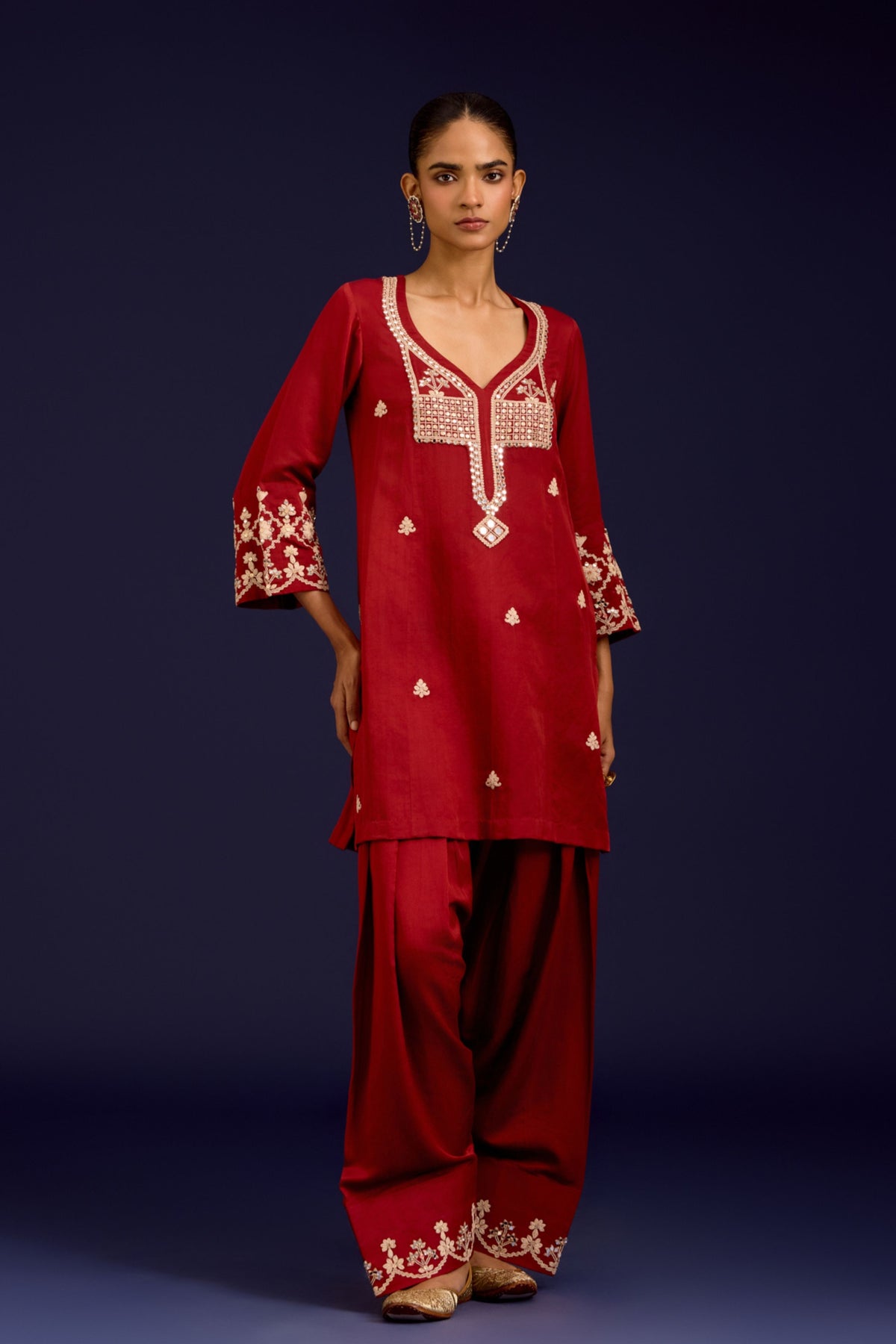 Rust Cotton Embroidered Kurta Set