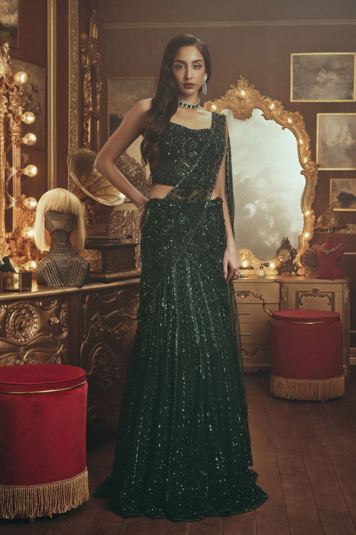 Helena Emerald Draped Saree Set