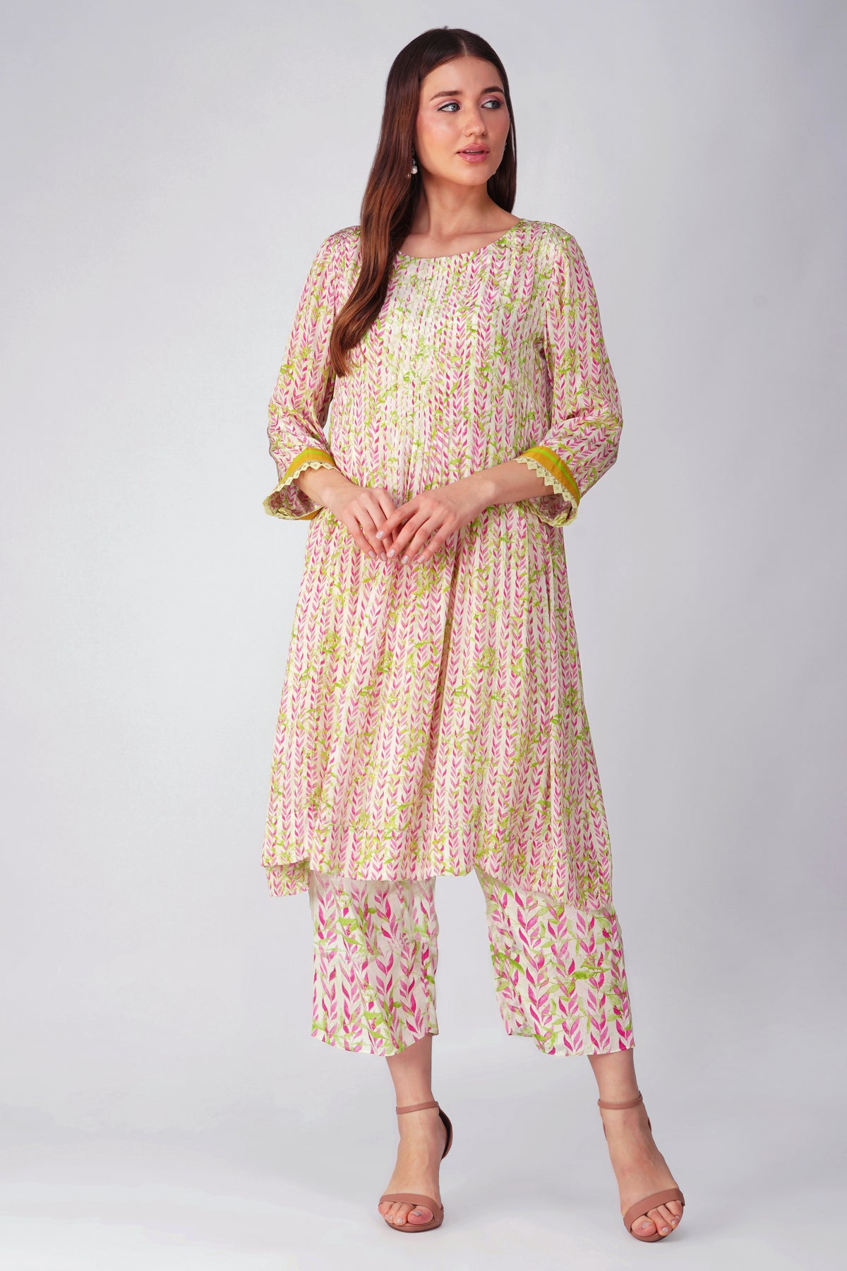 Pink Leaf Pleated Tunic Set