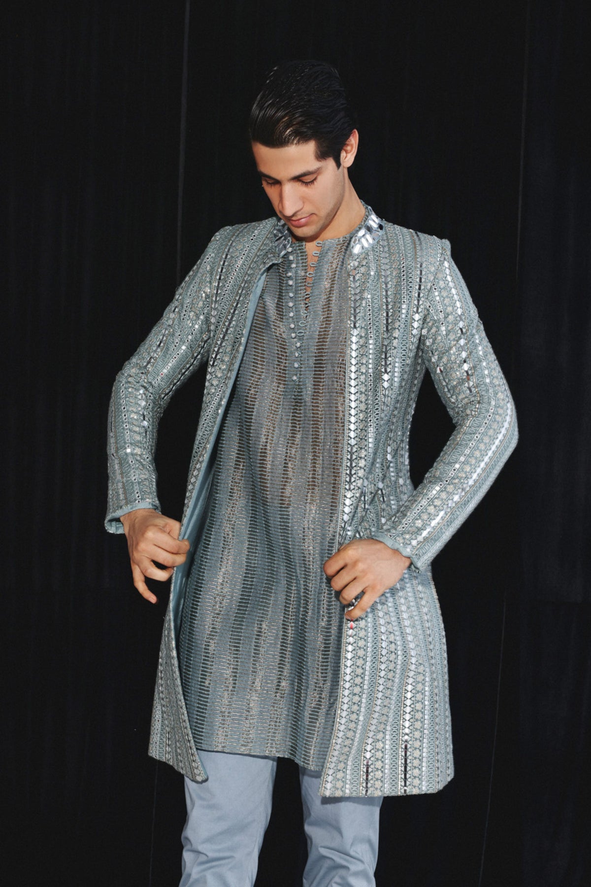 Powder Blue Geometrical Mirrorwork Jacket