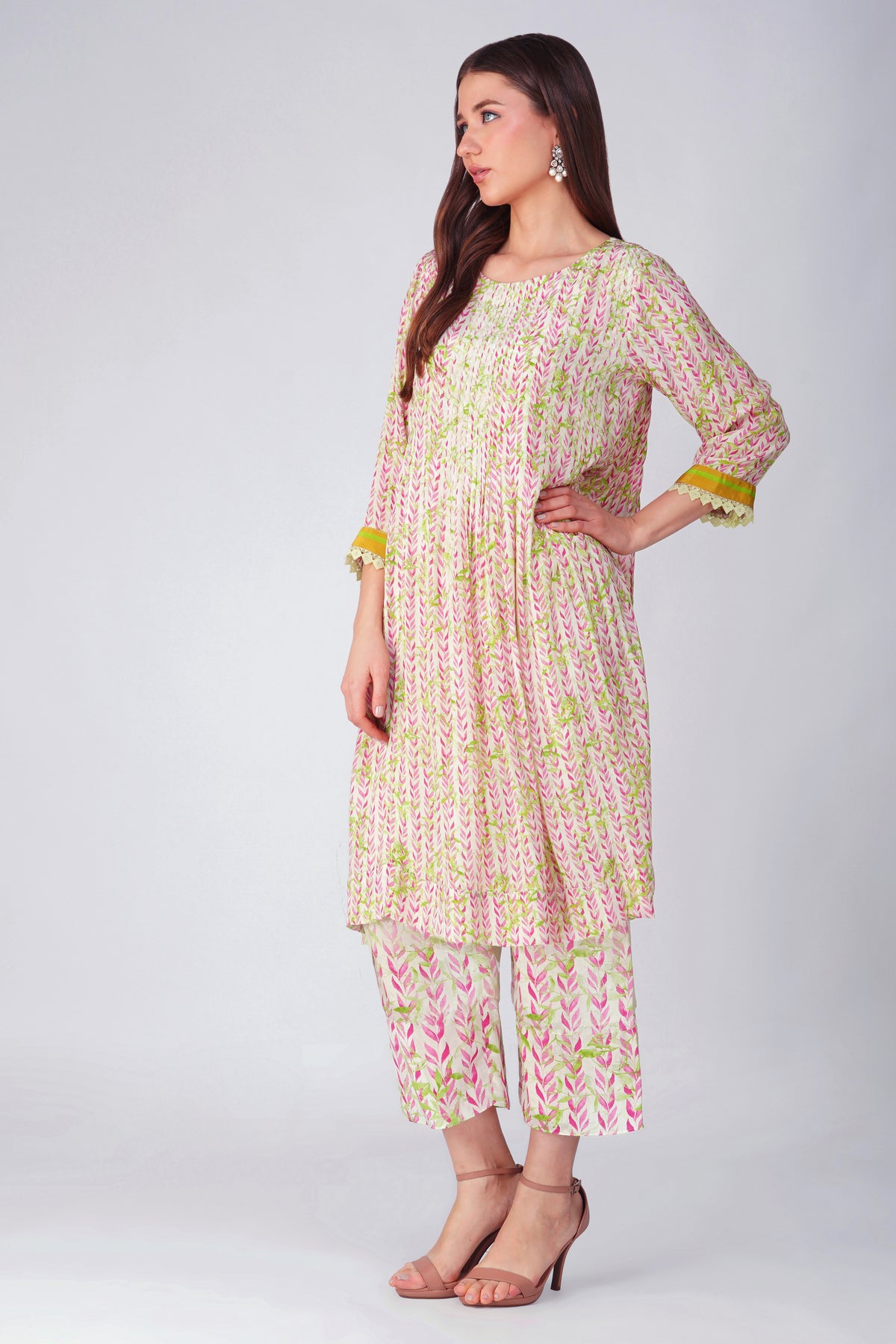 Pink Leaf Pleated Tunic Set