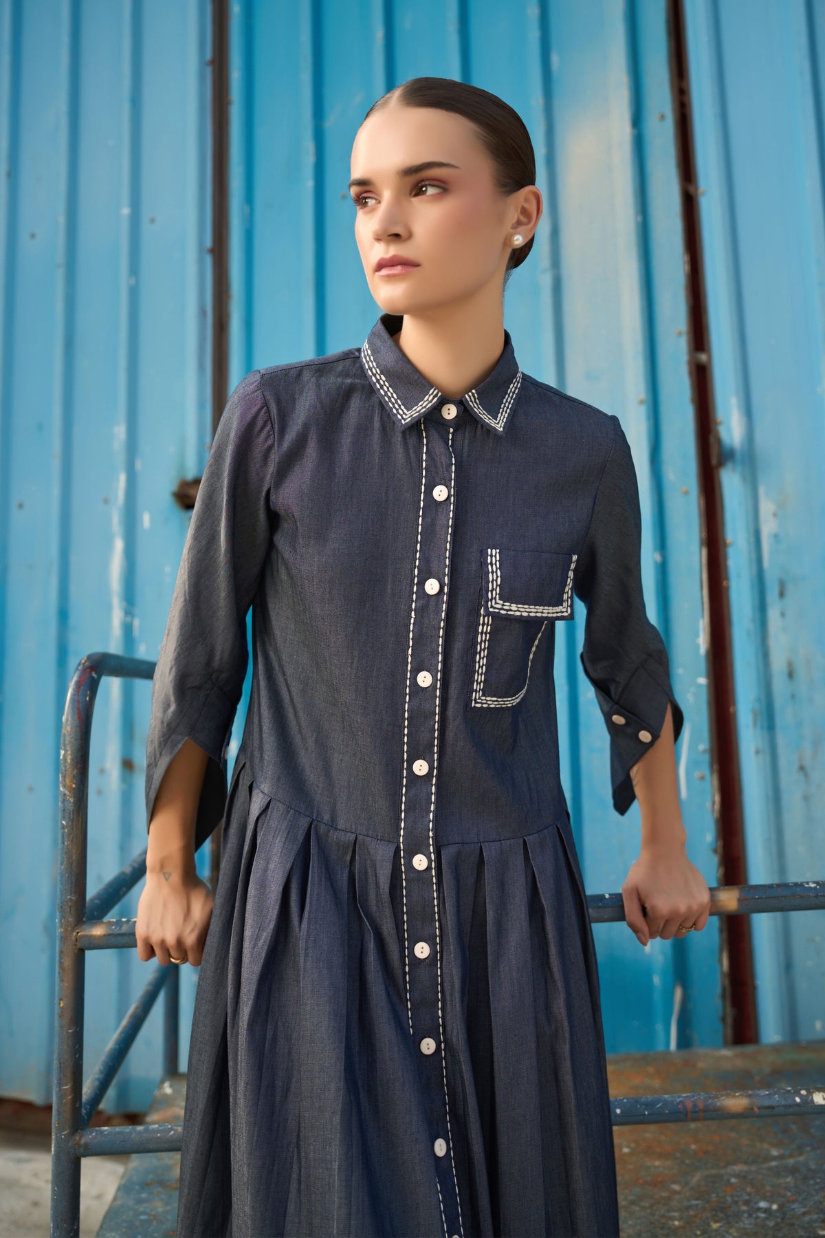Blue Button Down Midi Dress