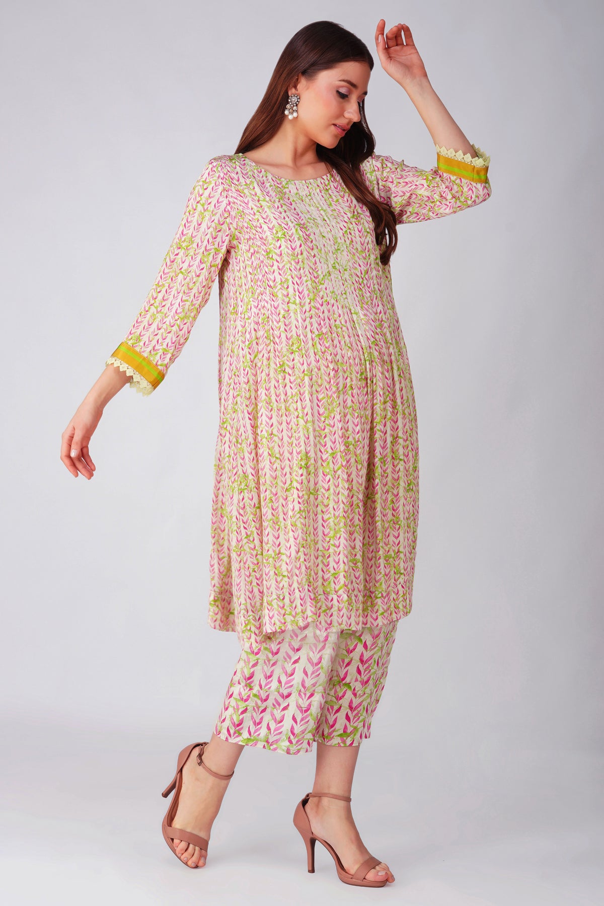 Pink Leaf Pleated Tunic Set