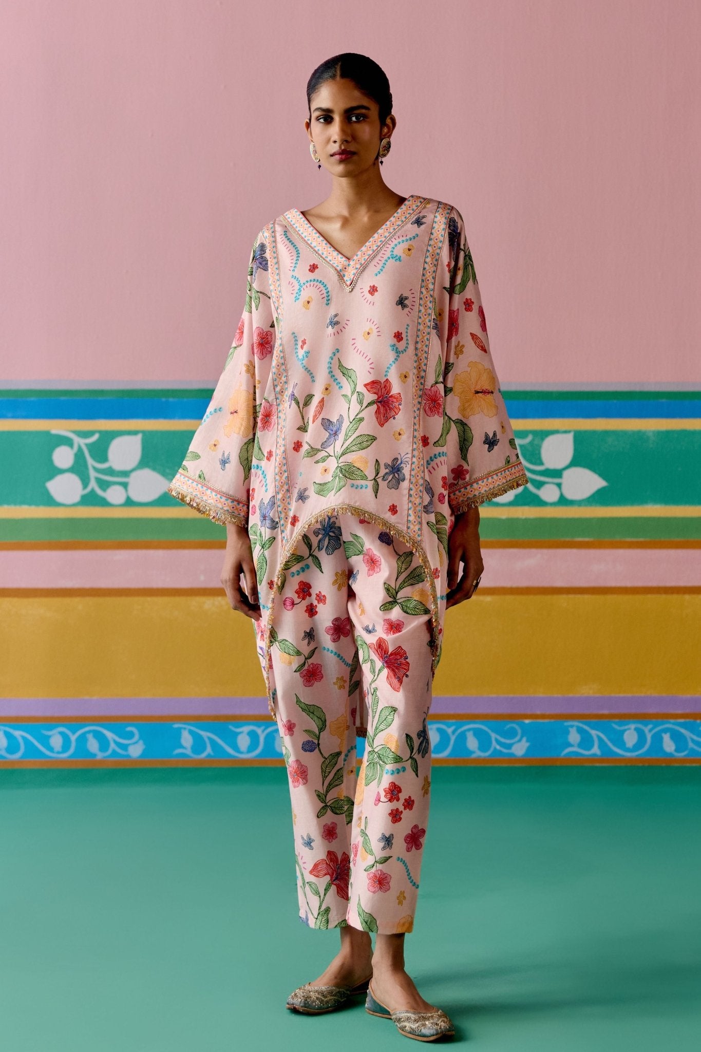 Dusty Pink Floral Short Kaftan Set - Label Mogra - Elahe