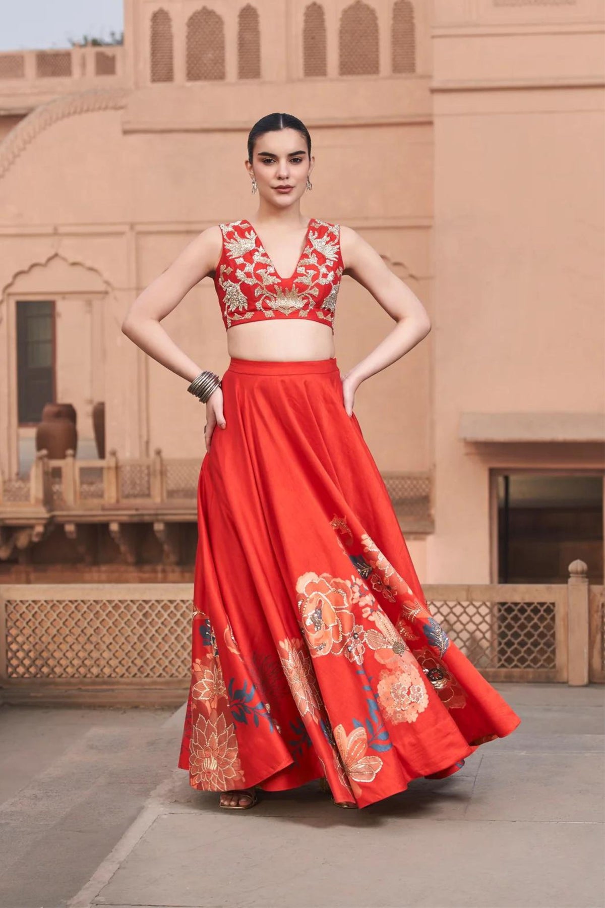 Red Moroccan Centre Print Lehenga Set