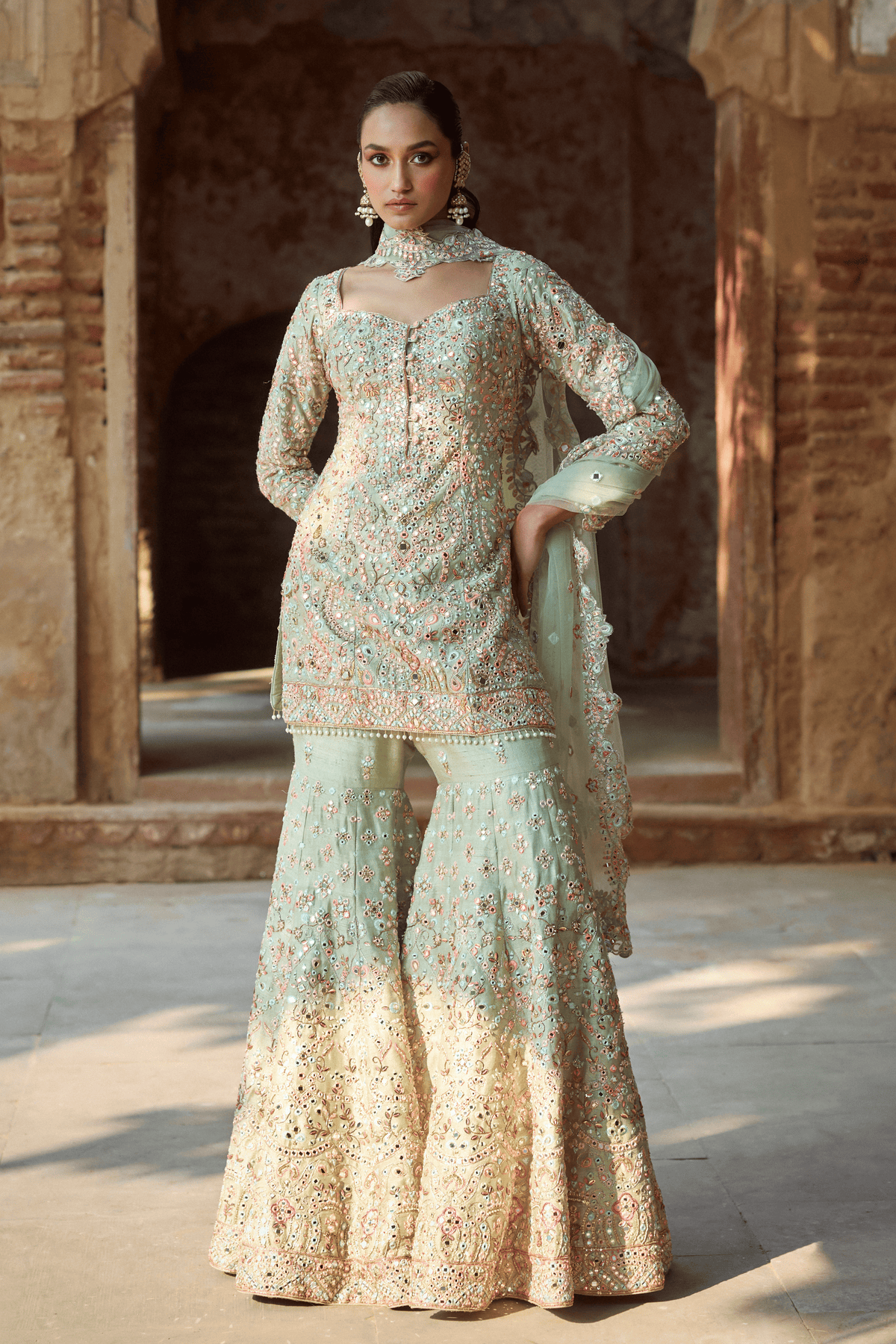 Mint Green Raw Silk Gharara Set