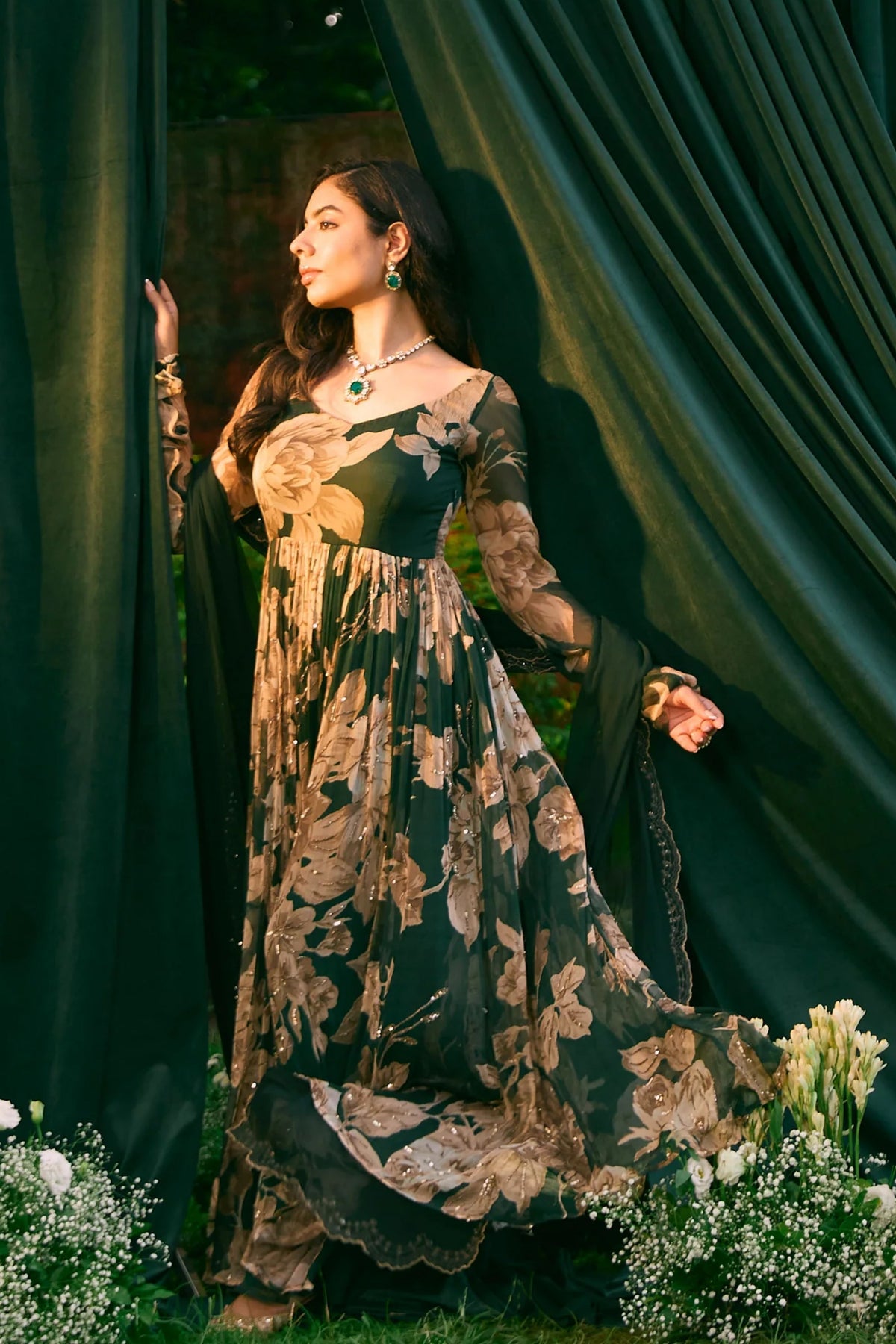 Teal Green Floral Anarakali Set