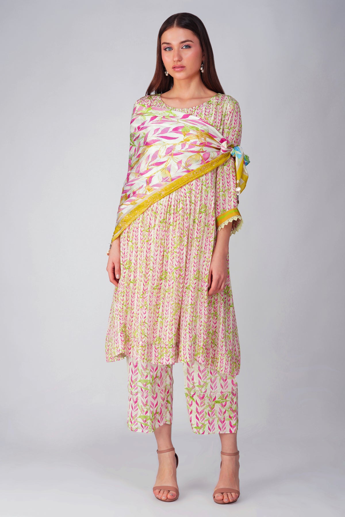 Pink Leaf Pleated Tunic Set