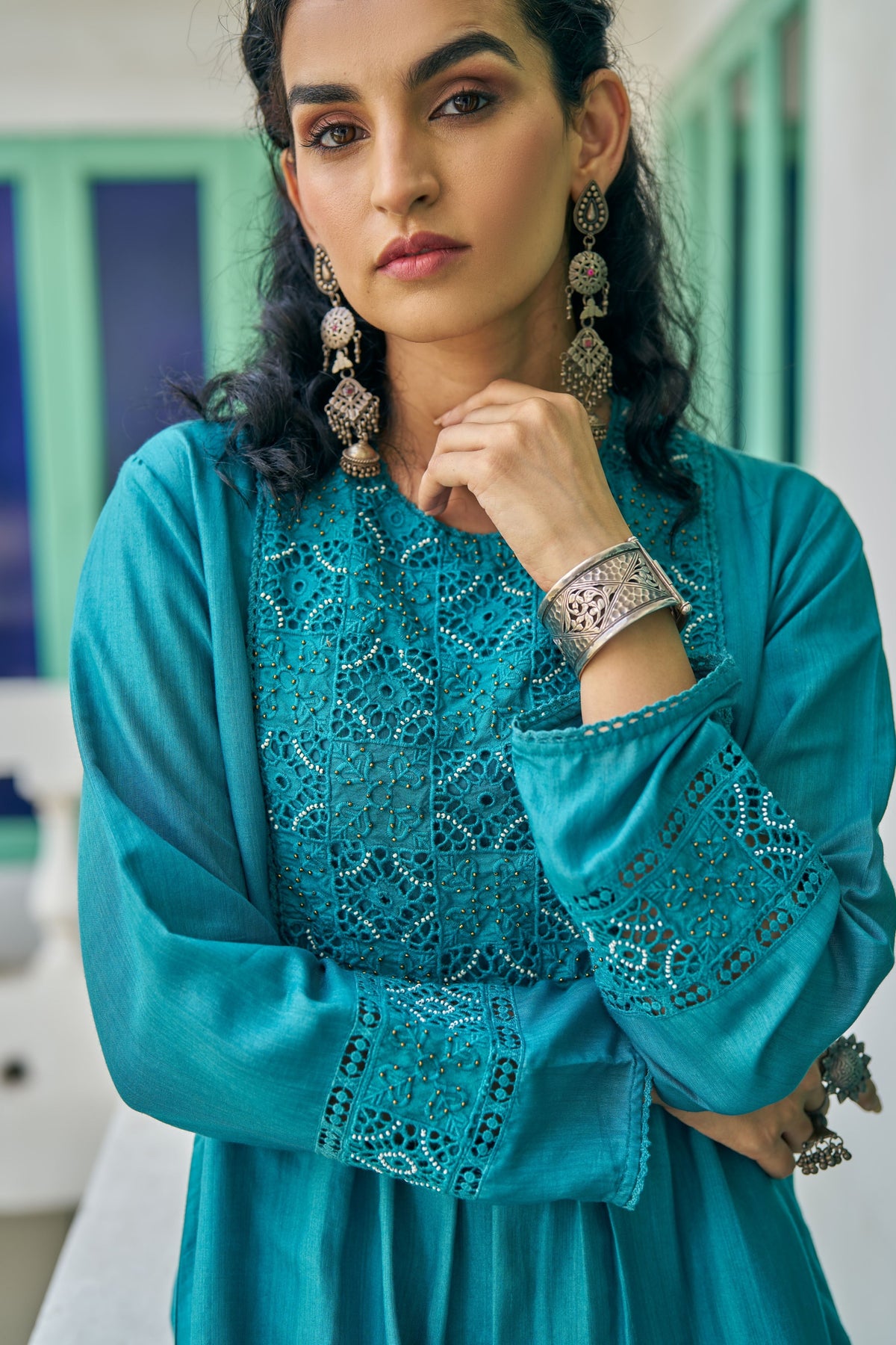 Teal Cutwork Tunic Set