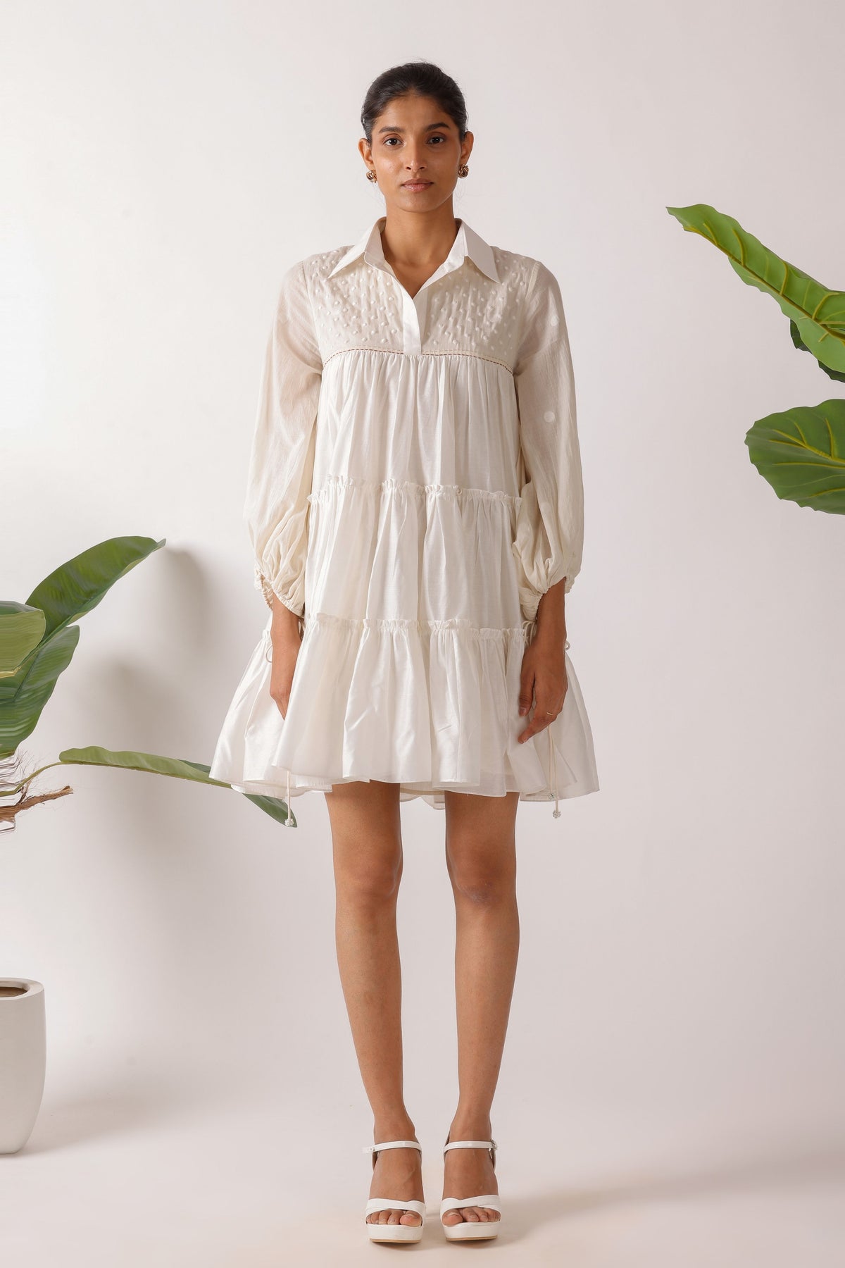 Jaamdani Embroidered Balloon Sleeves Dress