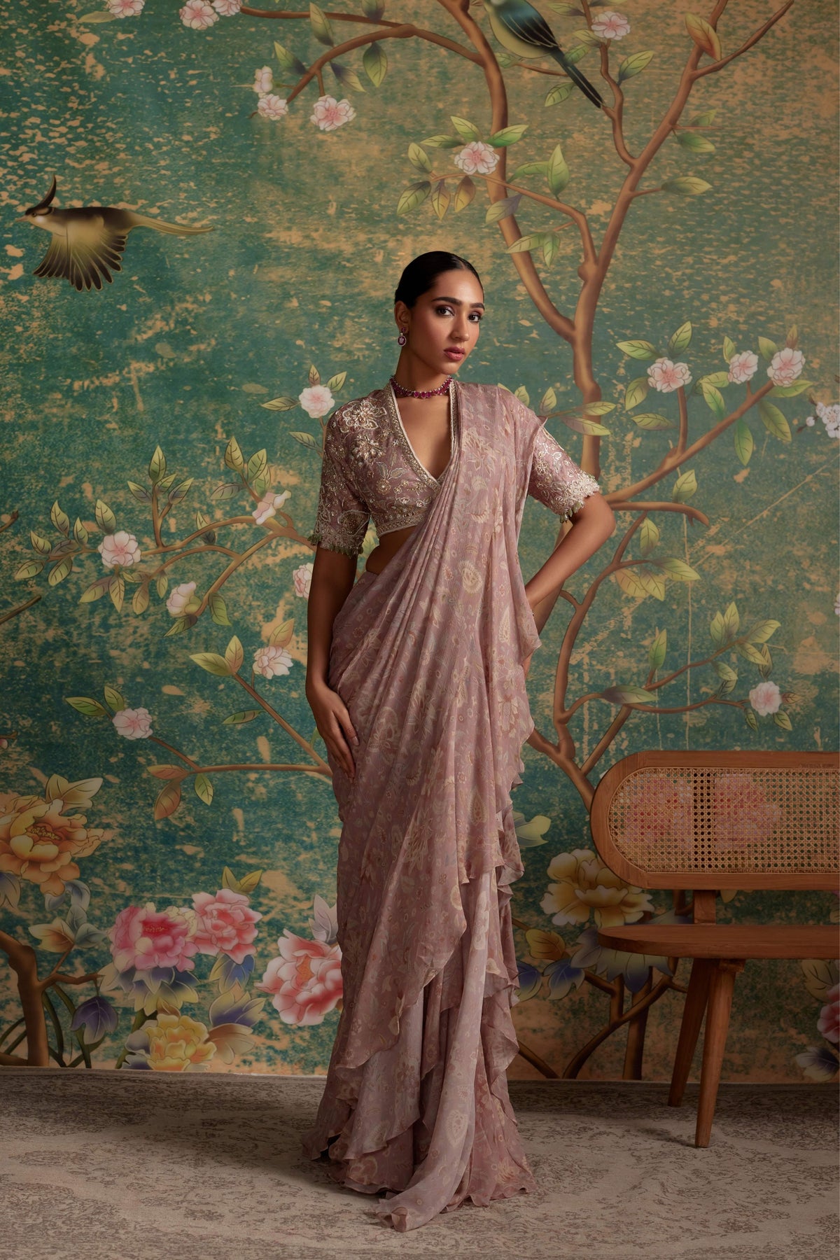 Flamboyance Dusky Pink Drape Saree Set
