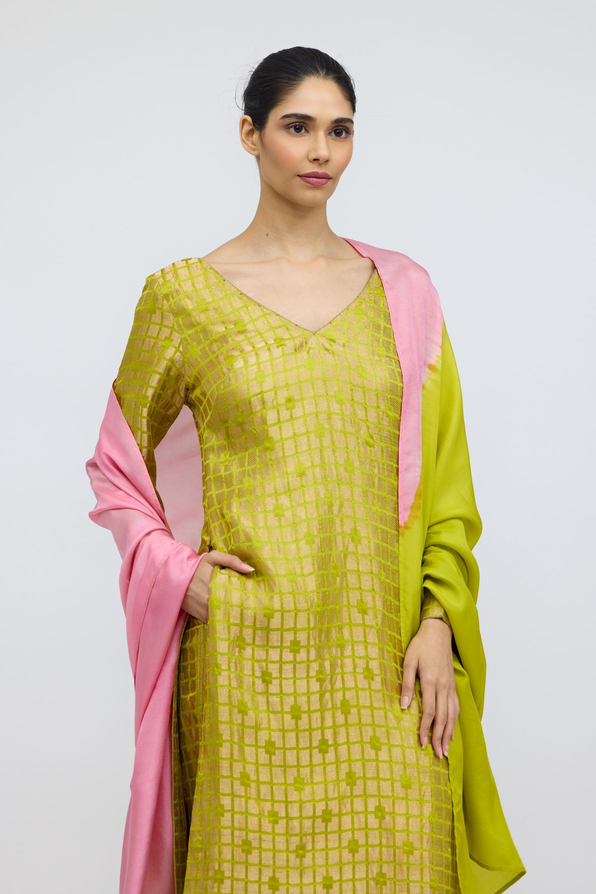 Chartreuse Grid Silk Brocade Kurta Set