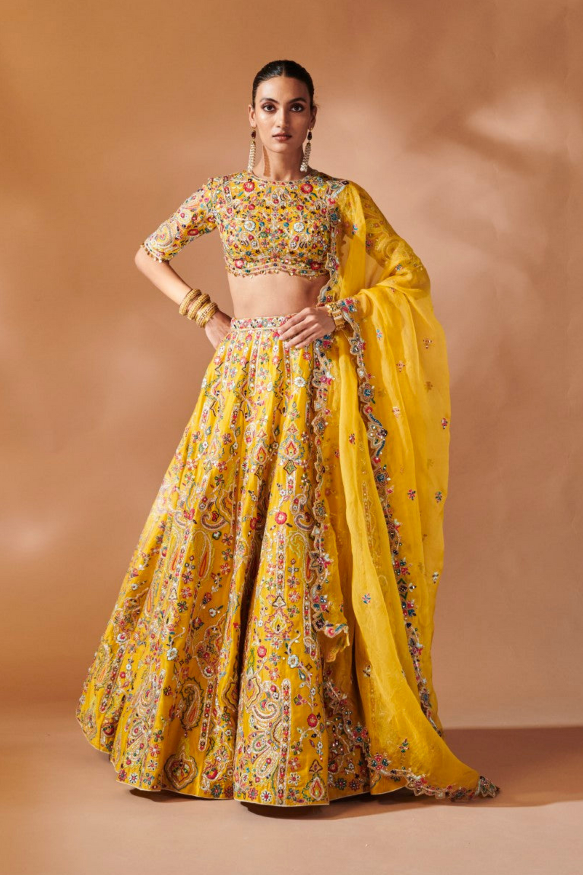 Mustard Lehenga Set With Elbow Lengt Sleeves