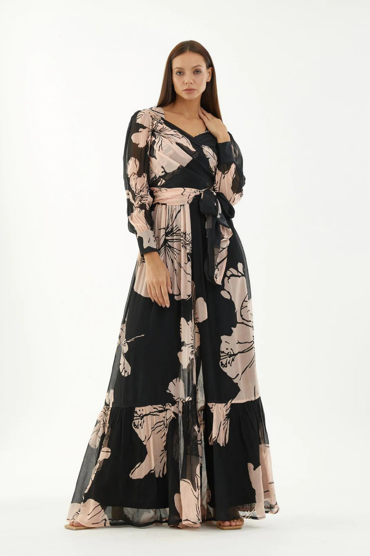 Black And Pink Floral Wrap Jumpsuit