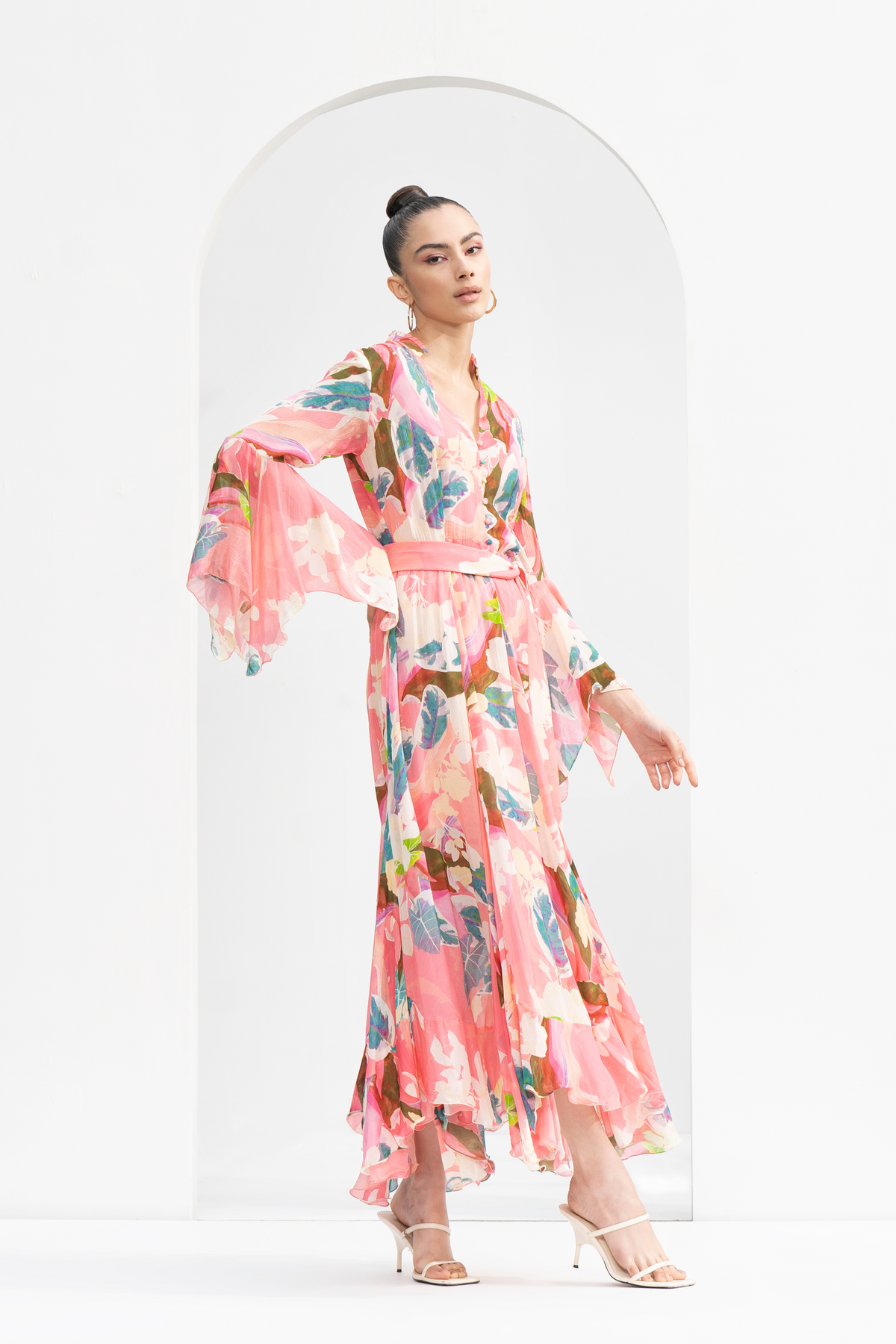 Peach Tropical Printed Chiffon Dress