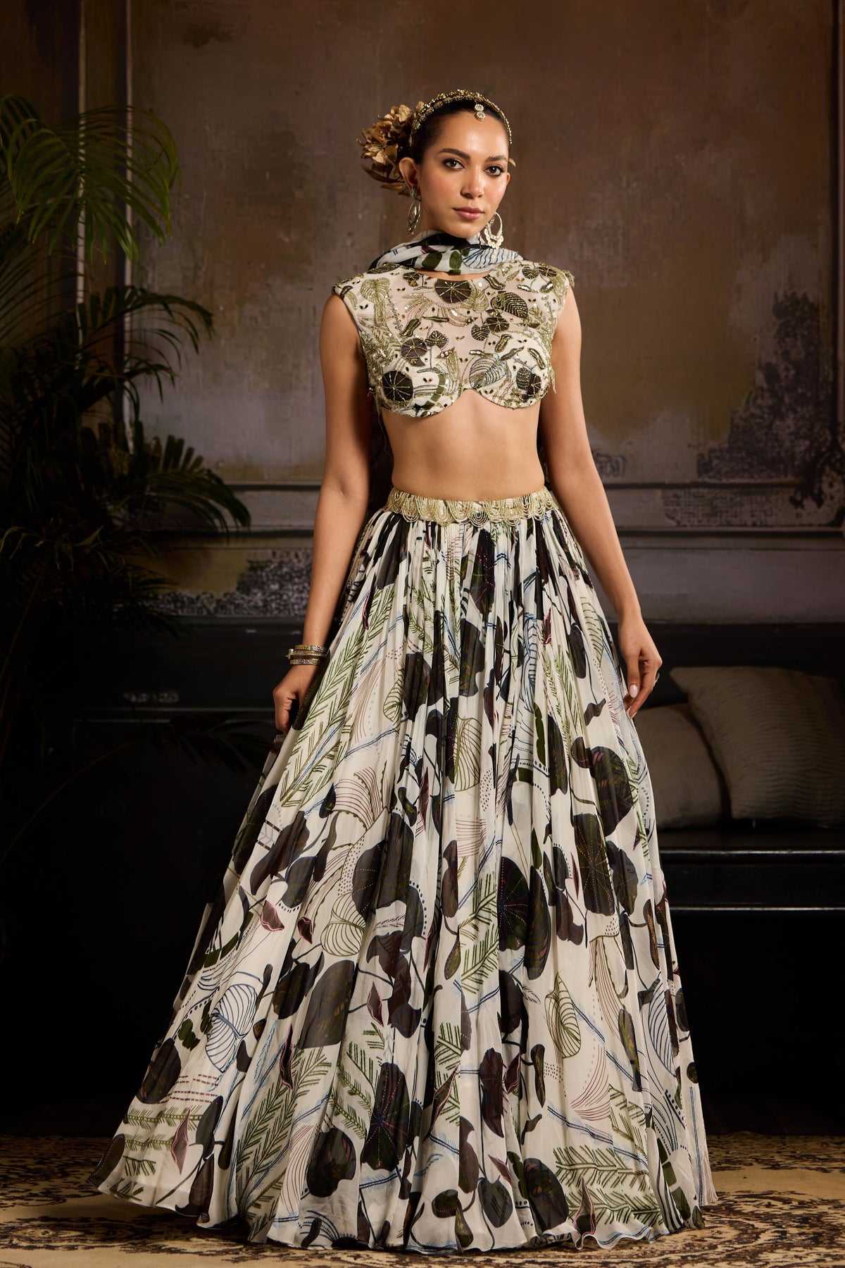 White and Green Lehenga Set