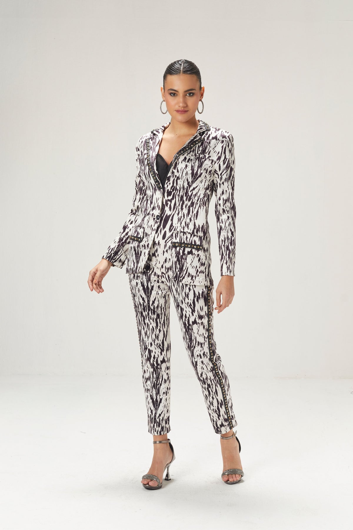 Black and White Blazer and Pants Set