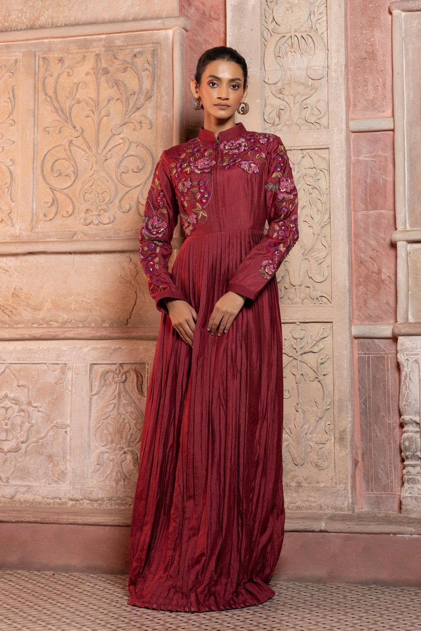 Maroon Pleated Maxi Dress - Pinnacle by Shruti Sancheti - Elahe