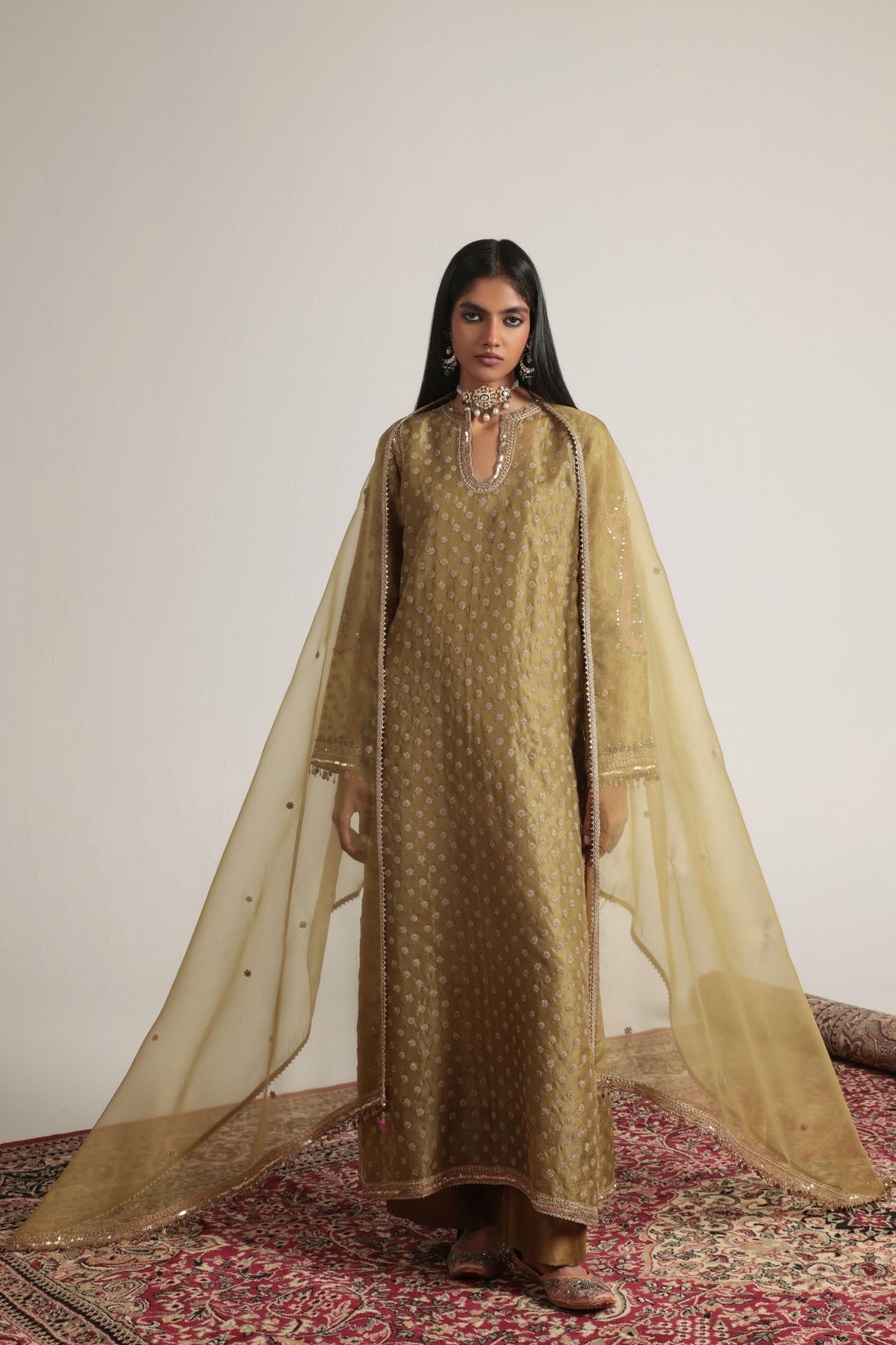 Olive Green Buti Kurta Set