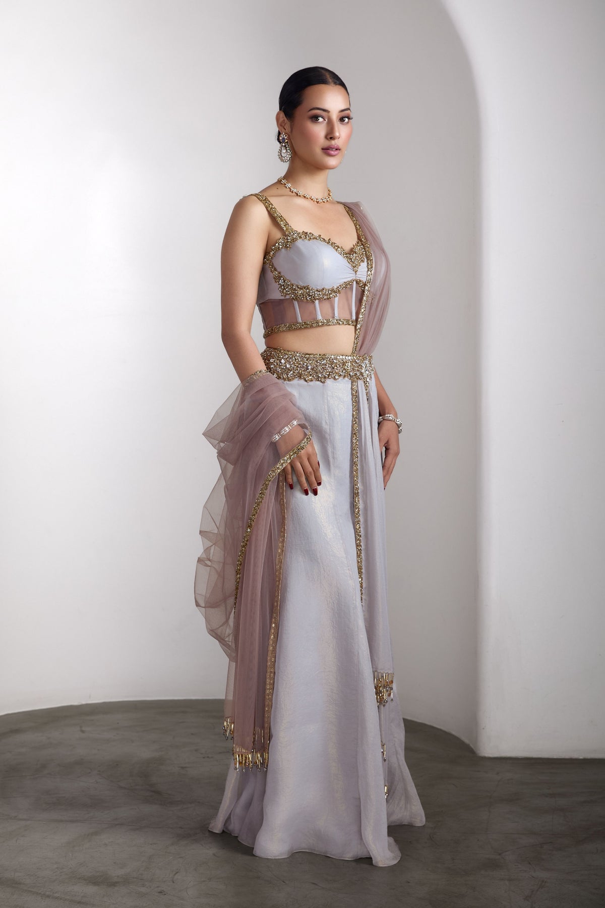 Grey Embroidered Saree Set