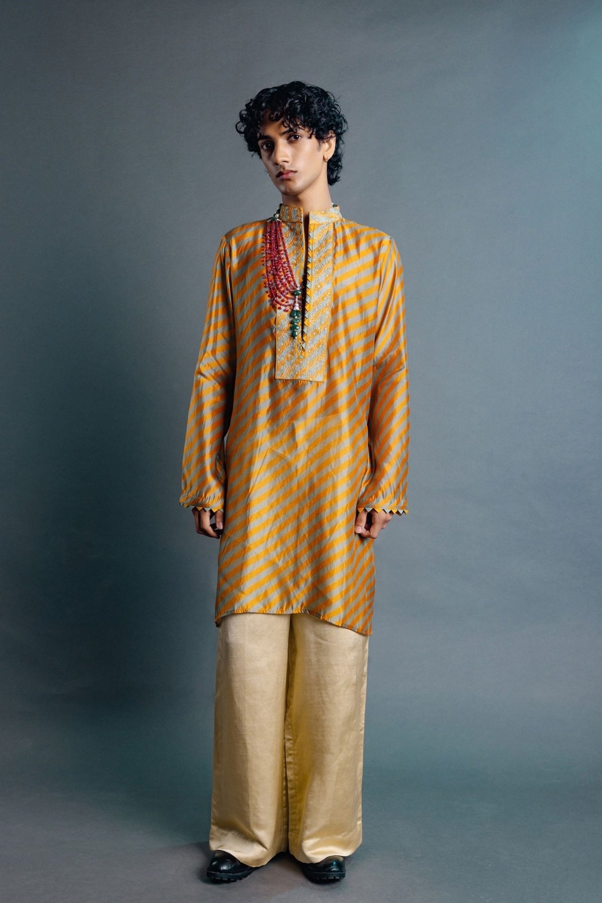 Mustard Leheriya Kurta Set