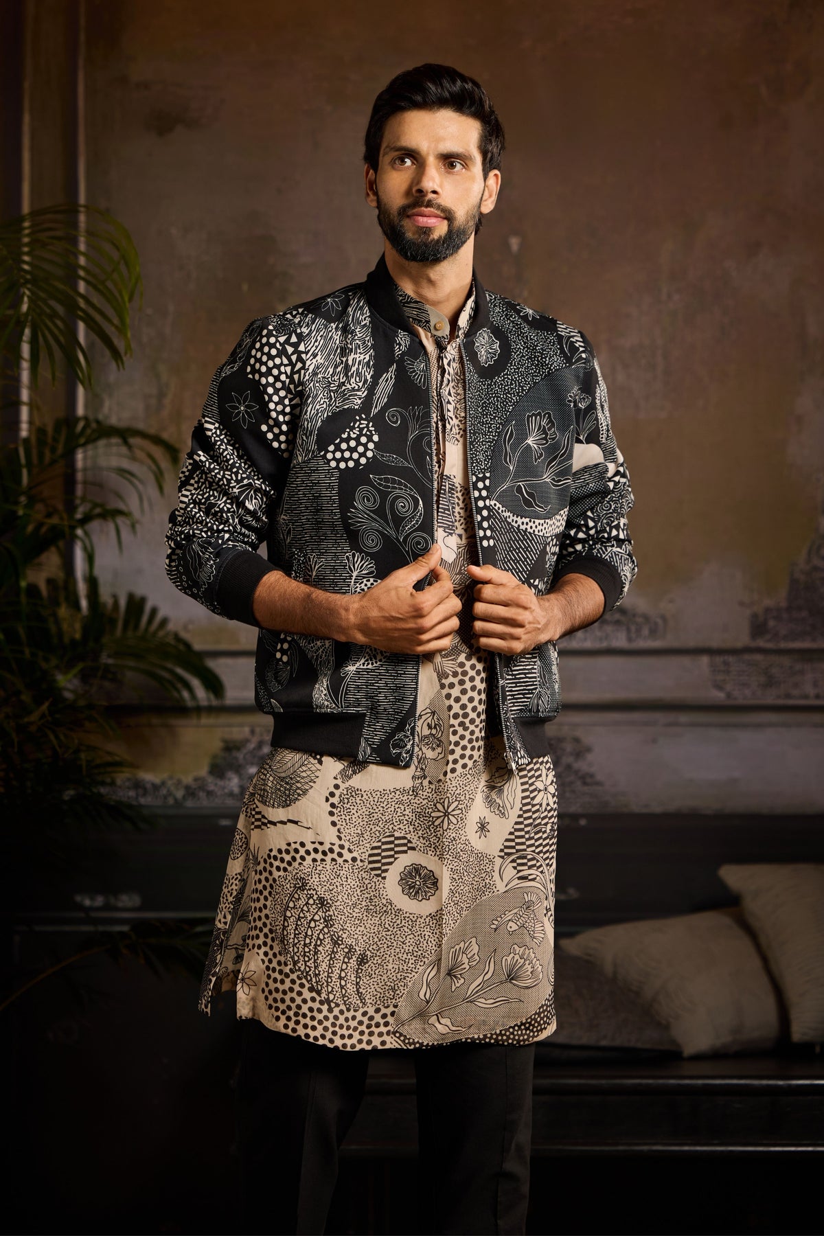 Black Print Bomber Jacket set