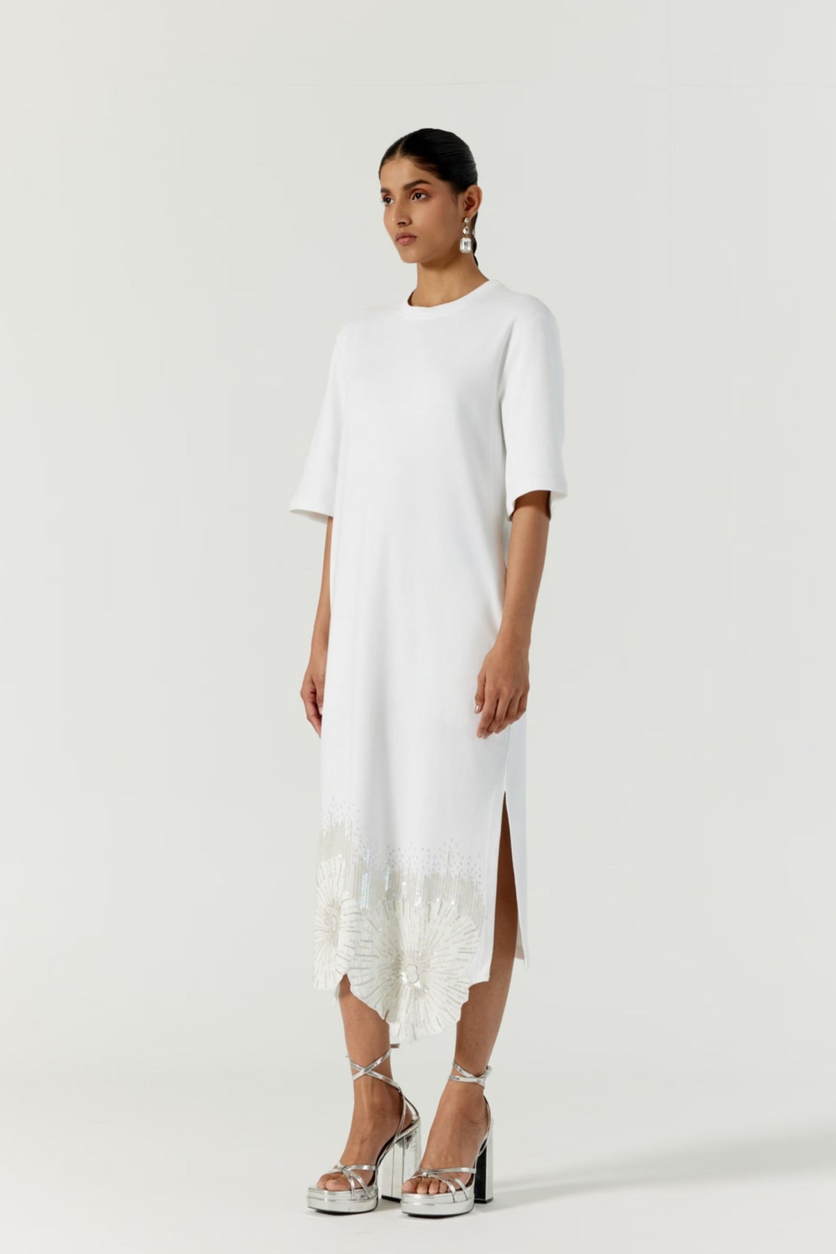 Pansy Printed Hand Embellished White Dress