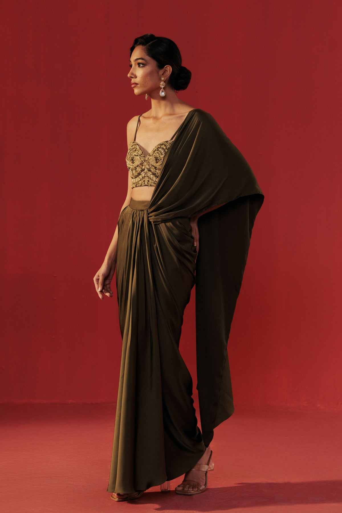 Olive Draped Saree Set