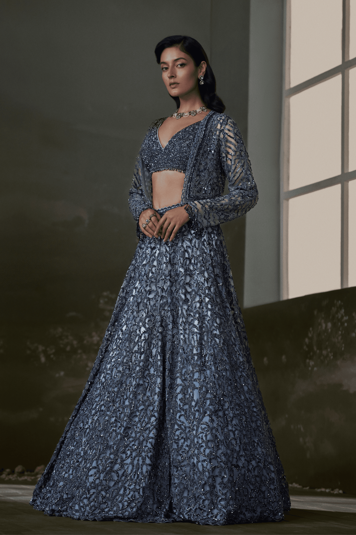 Stone Grey Lehenga Paired With Jacket