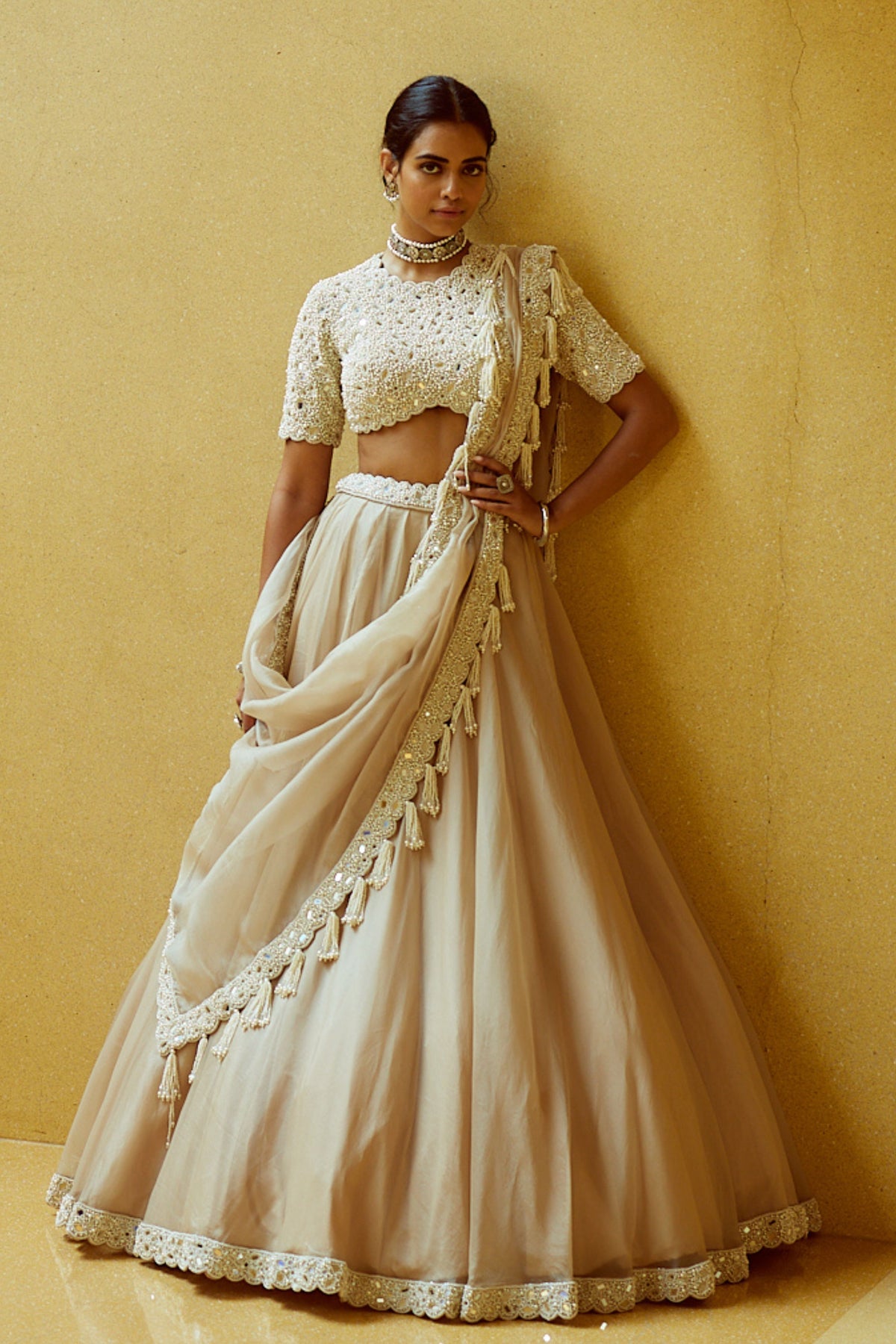Light Beige Pearl Lehenga Set