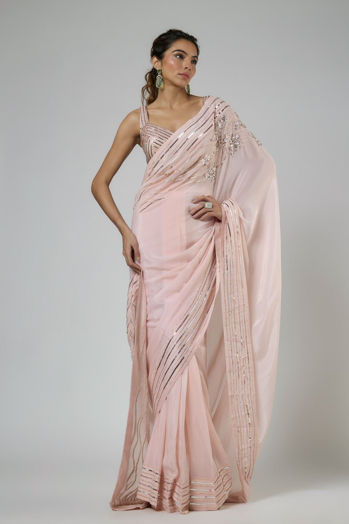 Peachy Pink Draped Saree Set