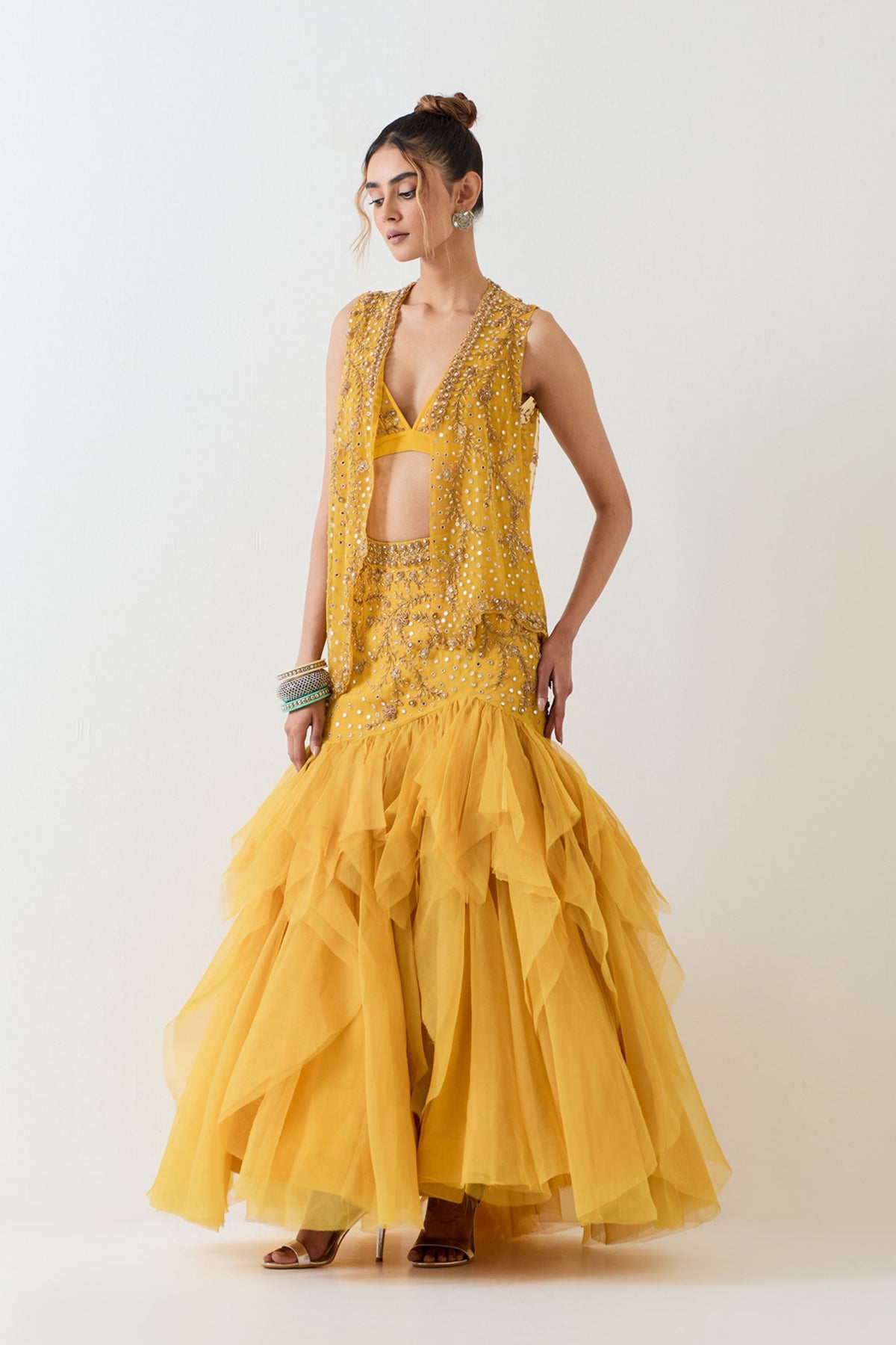 Yellow Organza Skirt Cape Set