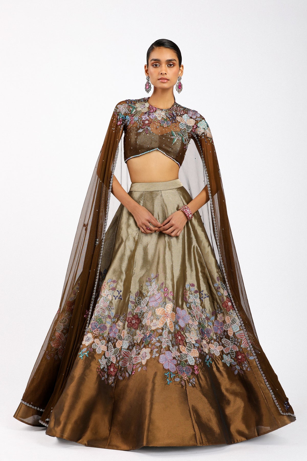 Aubepine Copper Metallic Lehenga