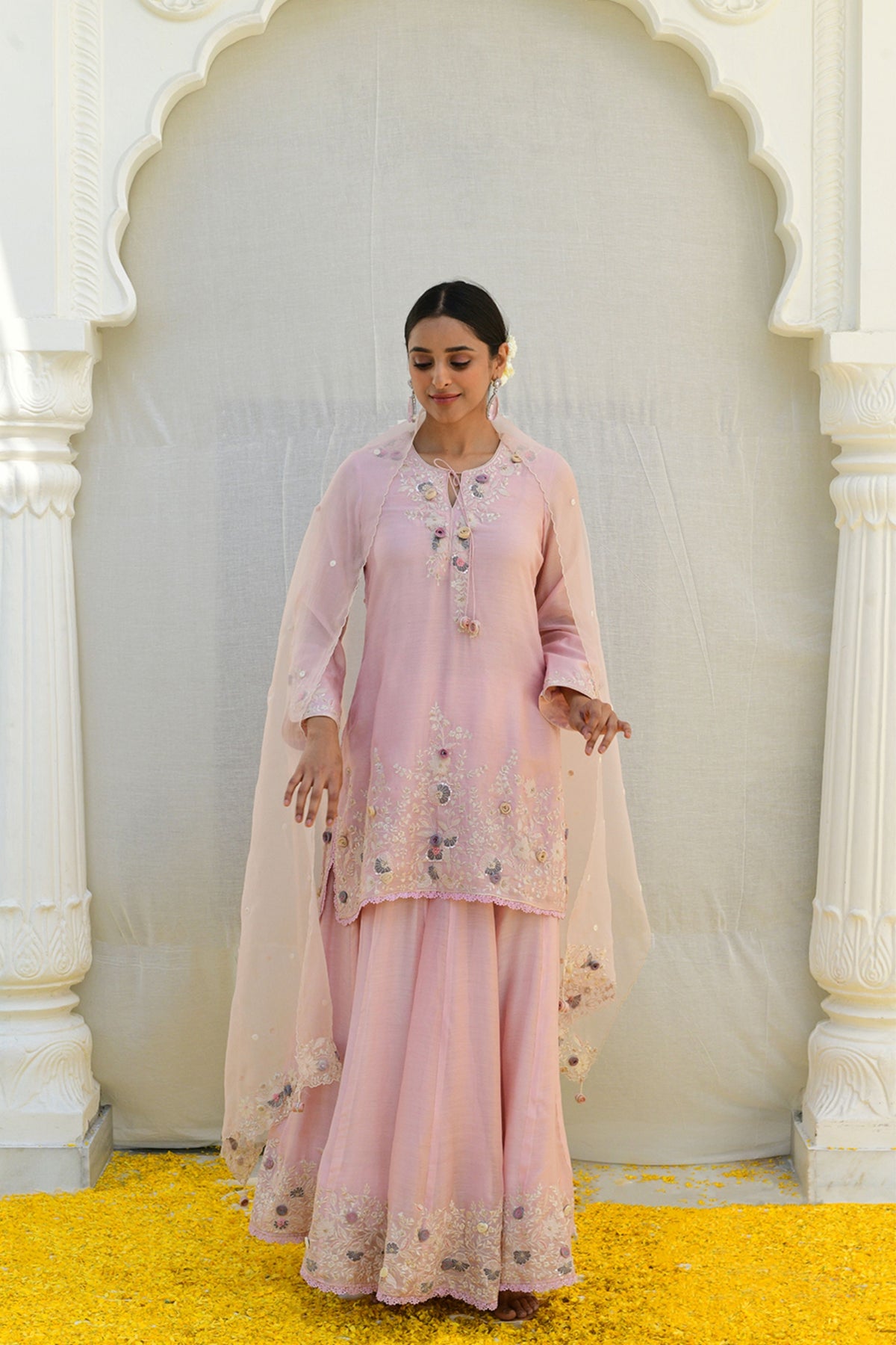 Pink Heavy Ivory Sharara Set