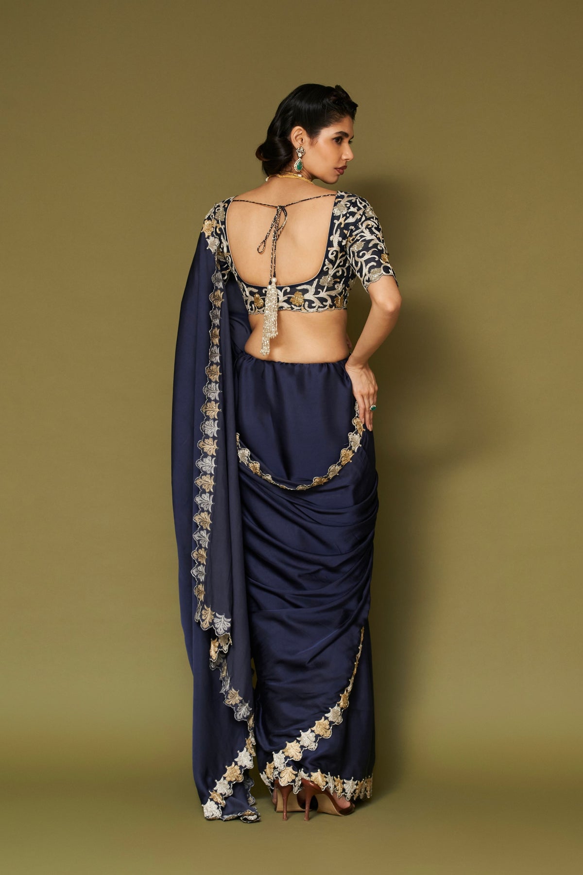 Navy Embroidered Modal Satin Saree Set
