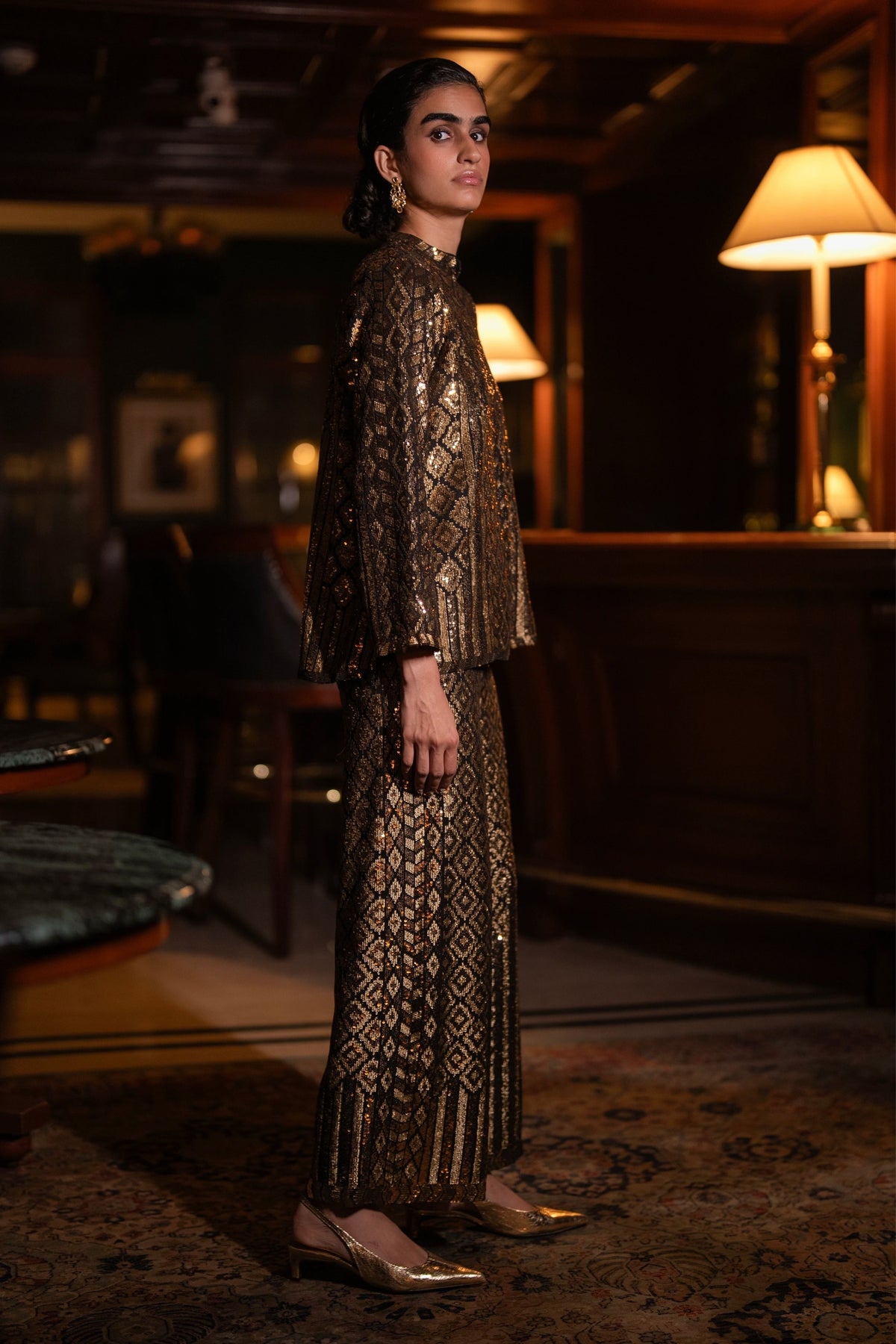 Geometric Sequin Top & Wide-Legged Pants