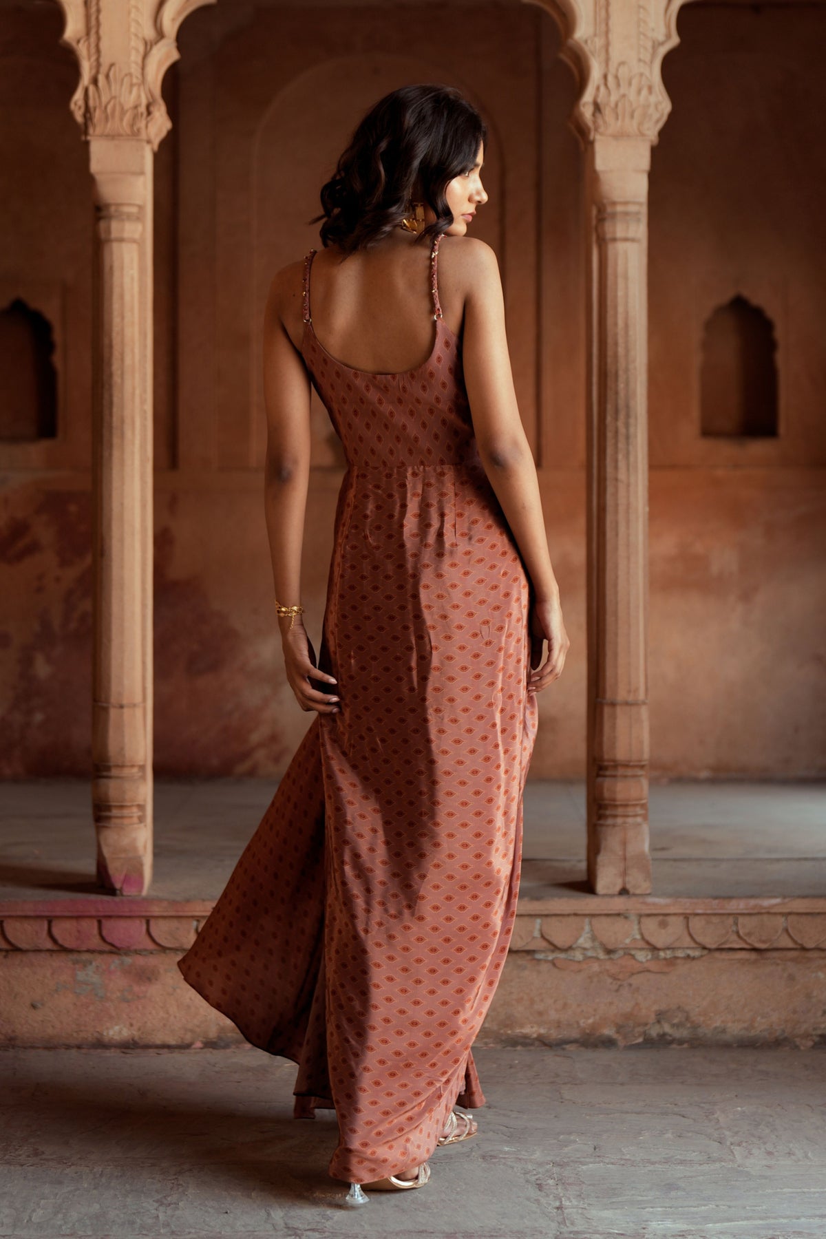 Mocha Embroidered Drape Dress