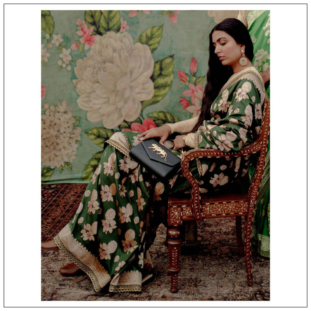 The Sharifa Benarasi Saree in Moss Green