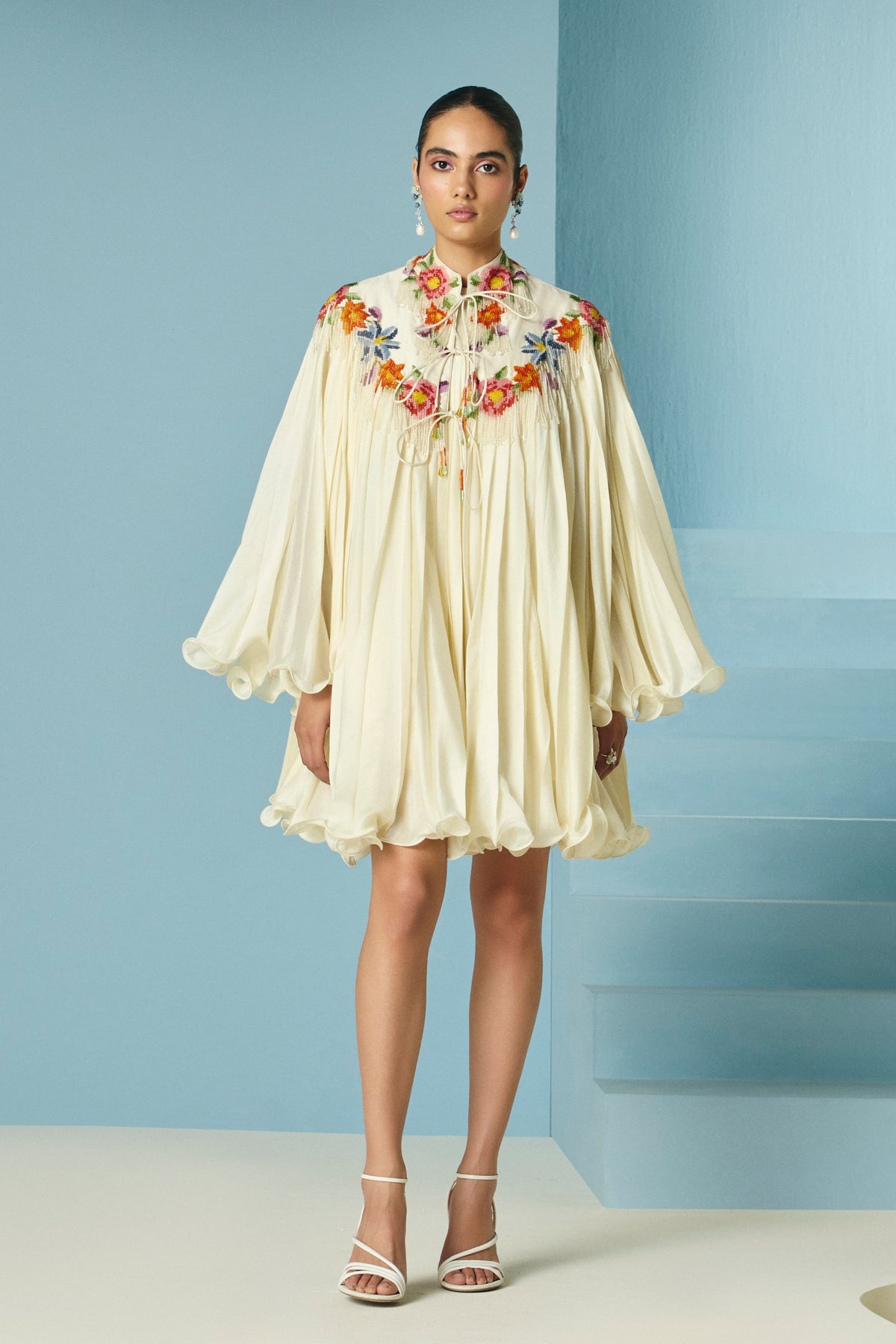 Pleated Dress With Floral Cape