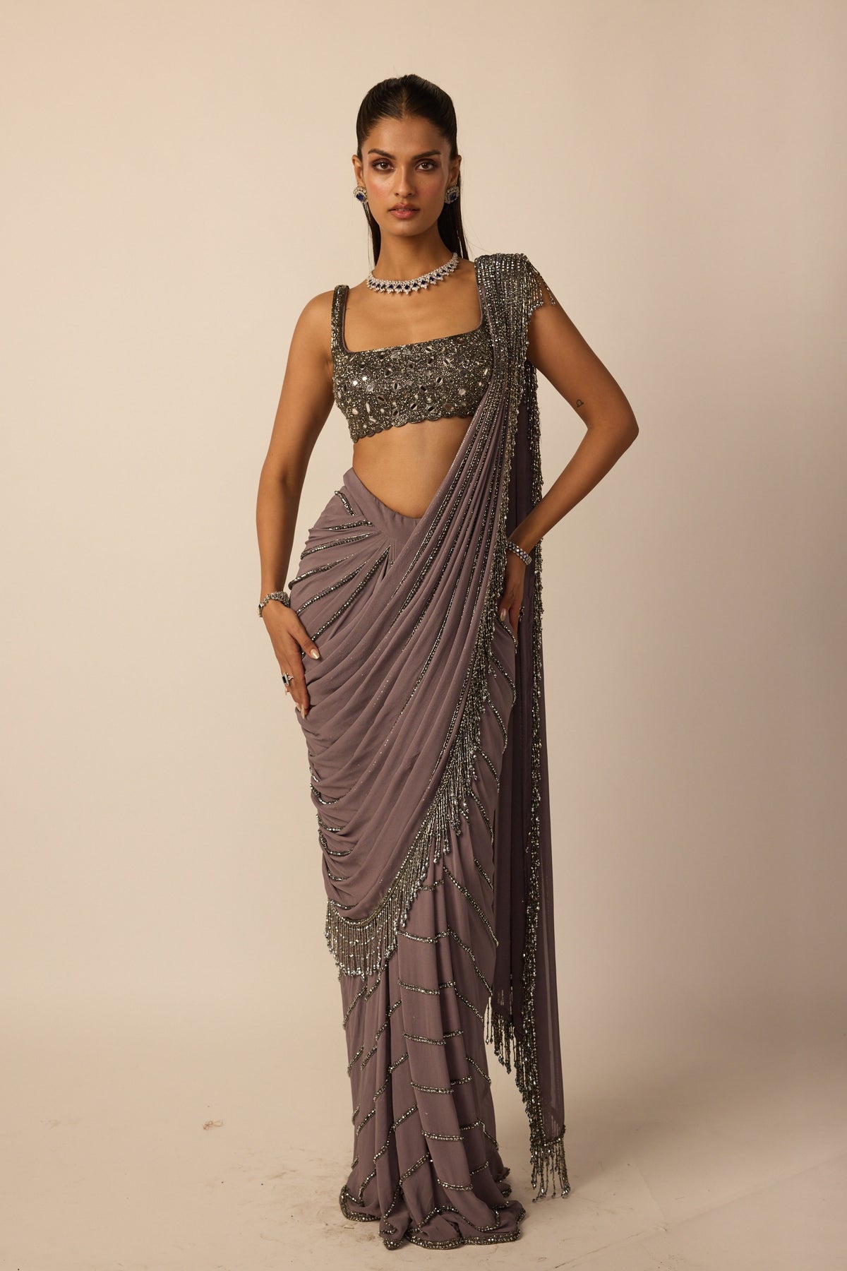 Metallic Grey Linear Draped Saree